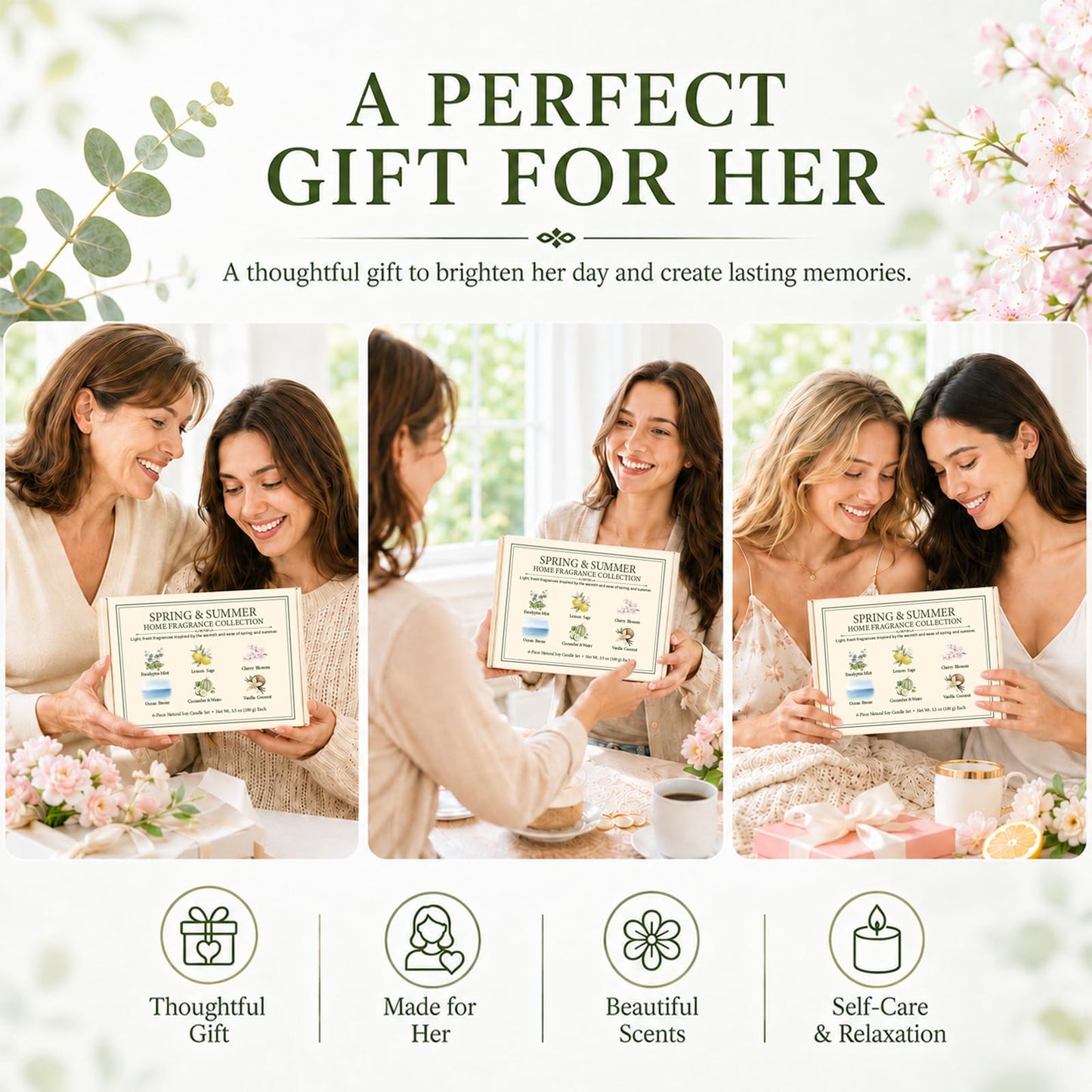 Spring & Summer Scented Candles Set, 6 Pack Soy Candles for Home, 21 oz Aromatherapy Candle Gift Set for Women, Mom, Birthday & Housewarming Gifts, Eucalyptus Mint & Vanilla Coconut