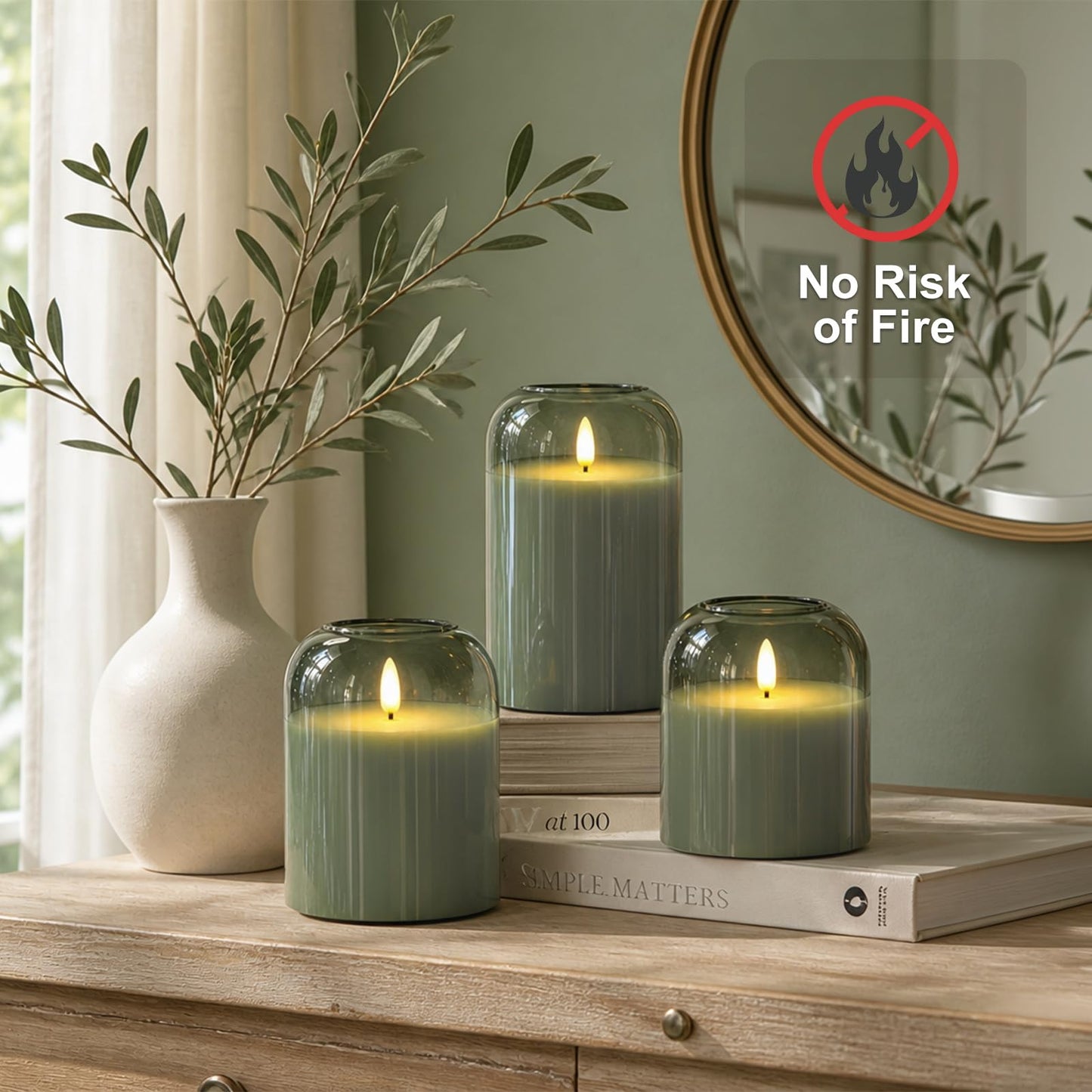 Mid Century Modern & Boho Home Decor, 3-Pack Olive Green Glass Battery Operated Candles, Flameless LED Pillar Candles with Remote & Timer, Realistic Flickering 3D Wick for Mantel, Shelf, Entryway
