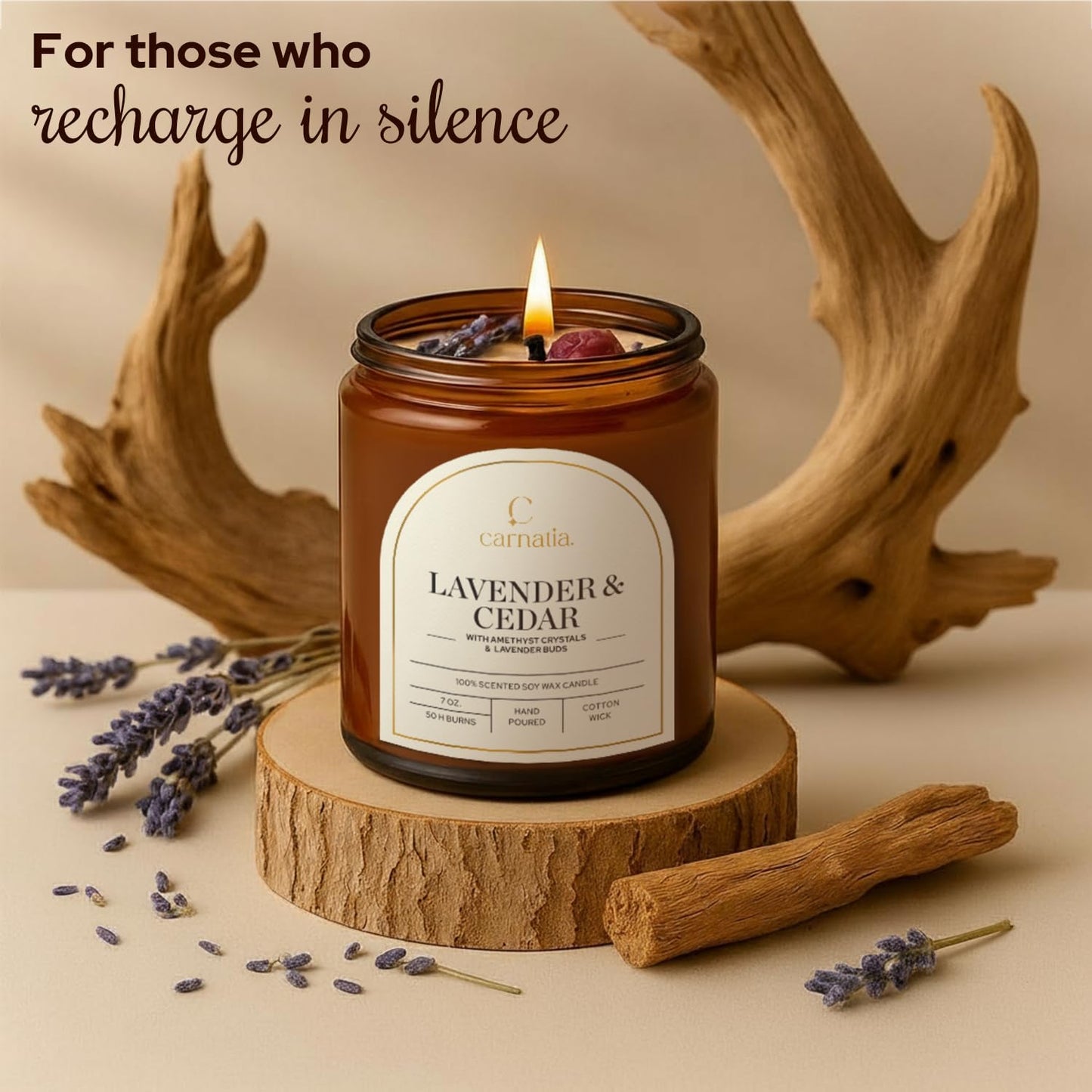 Carnatia Lavender & Cedar Scented Candle – 7 oz | 100% Soy Wax with Cotton Wick | 50 Hour Burn | Aromatherapy Candle for Home, Calm Focus & Relaxation | Gift for Women & Men