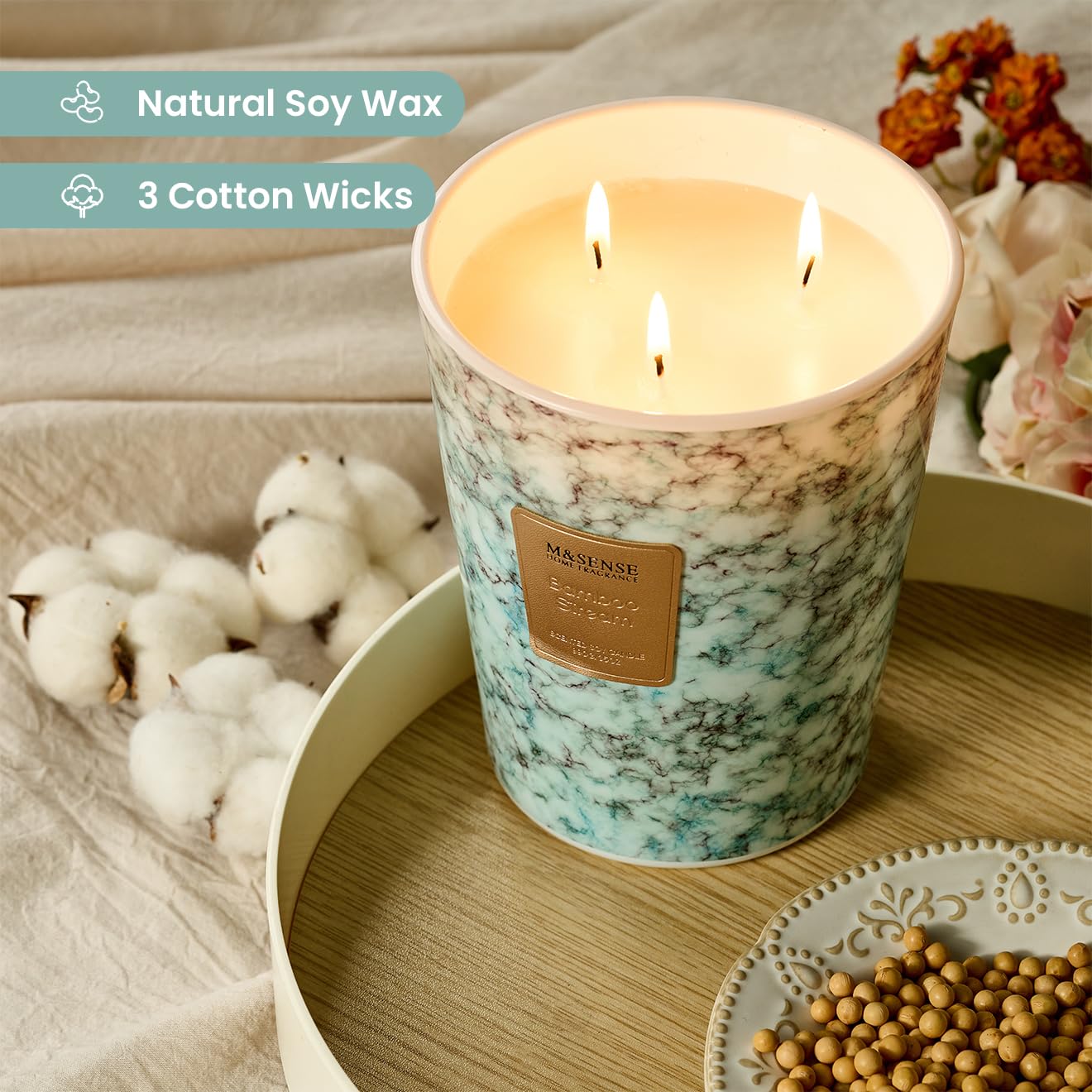 M&SENSE Extra Large Candle 35oz 150H BambooStream Scented Candle,3 Wick Highly Scented Jar Candle, XL Candles Gift for Stress Relief, Meditation, Yoga