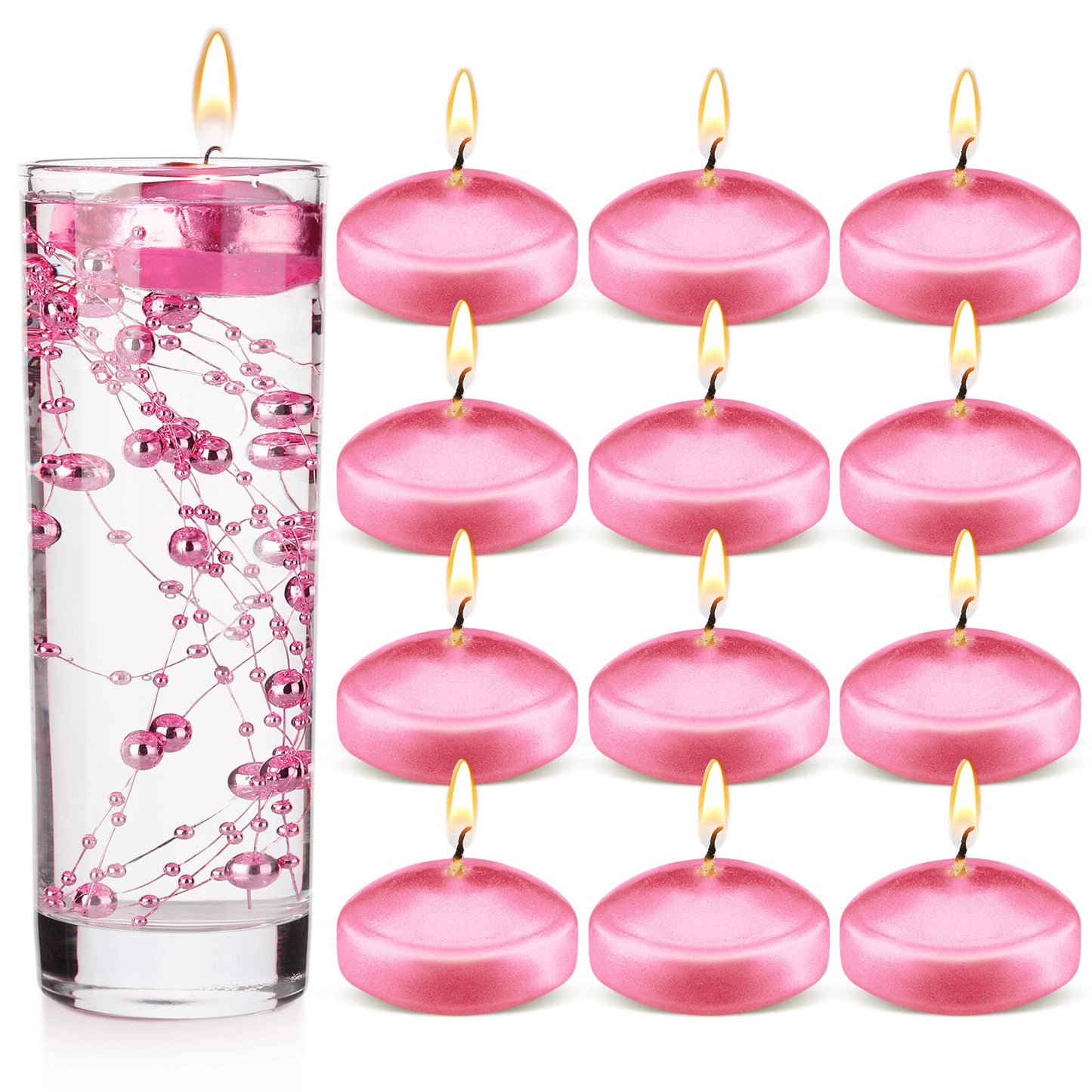 Nuanchu 12 Pieces 1. 65 Inch Floating Candles for Wedding Centerpiece, Small Unscented Floating Round Tealights Metallic Smooth Wax Disc Candles for Graduation Dinner Home Decor(Pink)