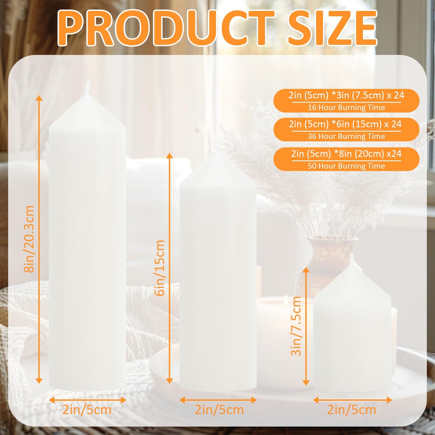 Trxvxo White Pillar Candles Bulk Set of 72，3 Different Lengths 2 x 3/6/8 Inch (24 Each)，Hurricane Candles，Dripless Unscented Smokeless，Gives You a Better Atmosphere When Organizing an Event Party.