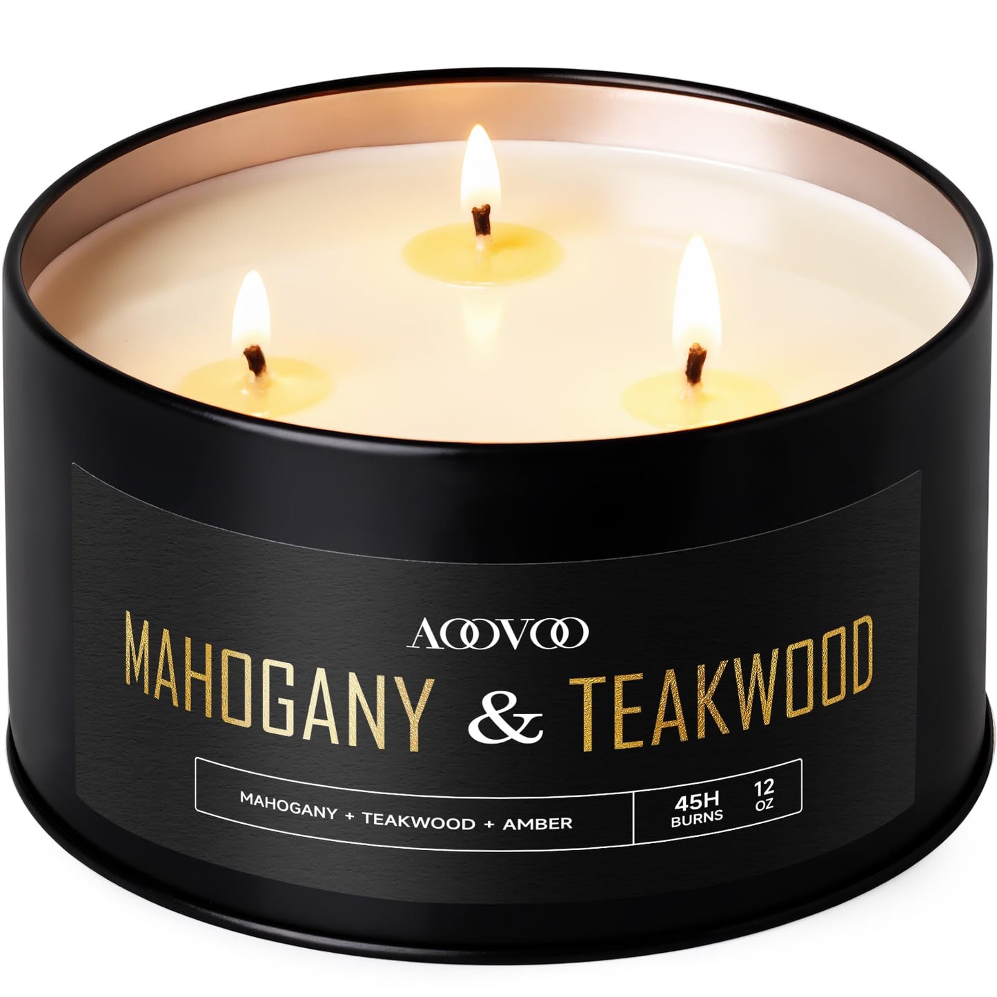 AOOVOO Mahogany Teakwood Candles for Men - 3 Wick 12oz Large Scented Candle, Long Lasting Soy Candles for Home Scented, Strong Fragranced Masculine Black Candle Gift for Women & Men
