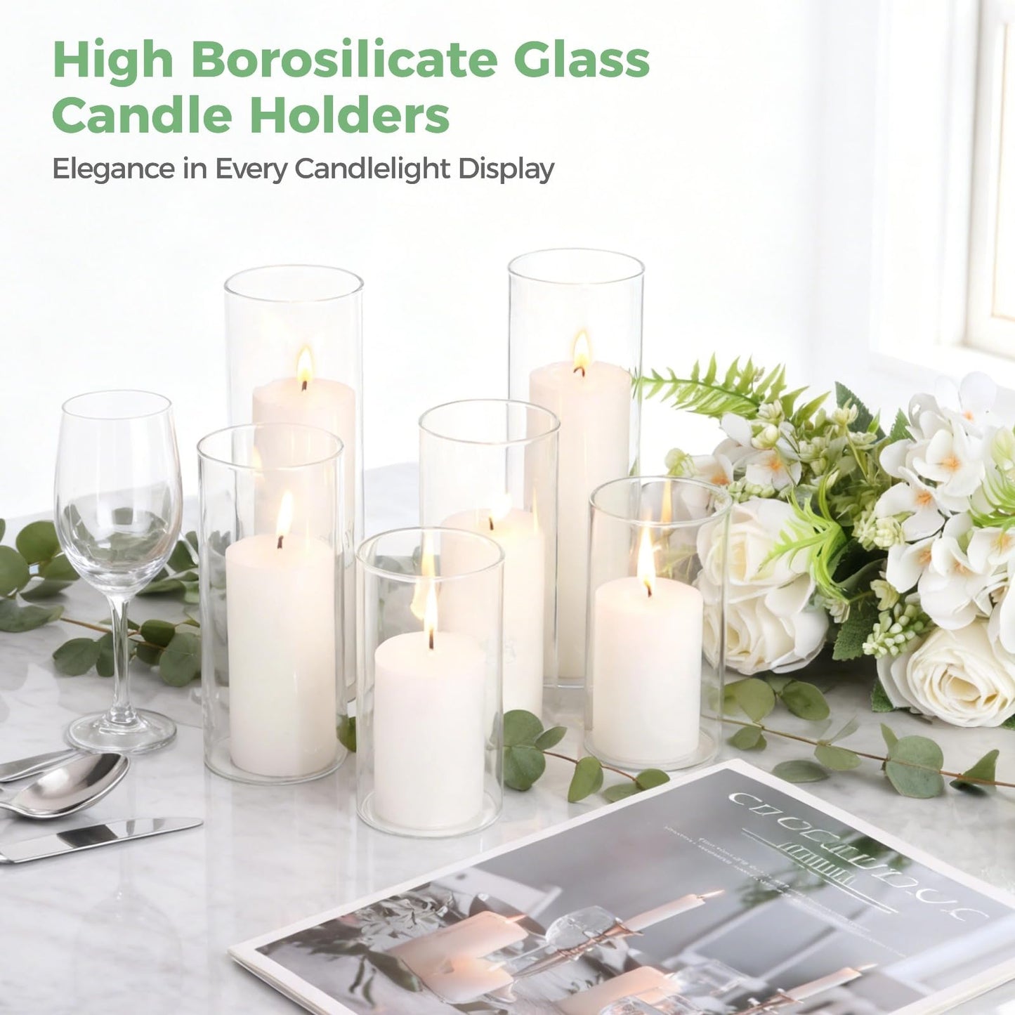 12 Pcs Glass Cylinder Candle Holders Bulk - Transparent Glass Hurricane Vases, Minimalist European Style with Multiple Size for Weddings and Restaurants