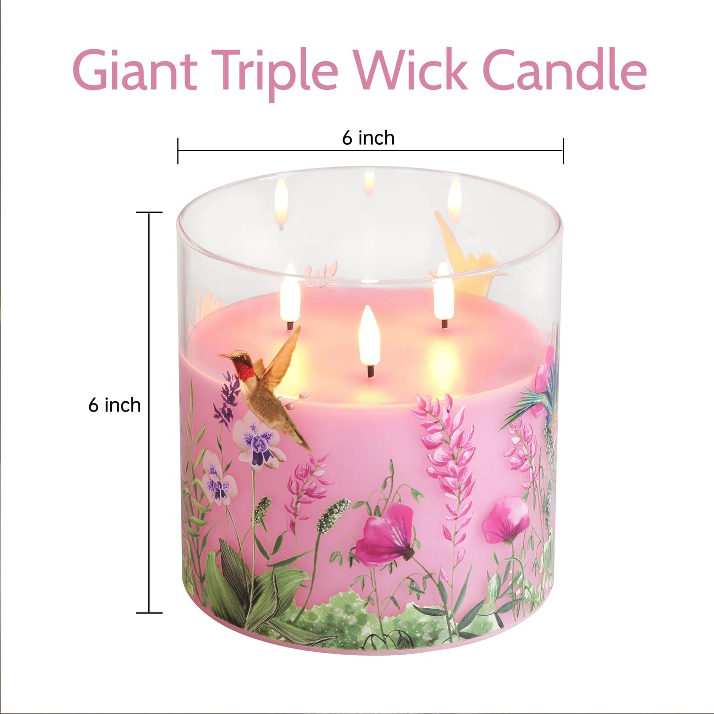 Girimax 3 Wick Pink Hummingbird Glass Flameless Candle with Remote, Large 6x6 inch LED Pillar Candle Battery Operated Flickering Spring Home Decor Gift