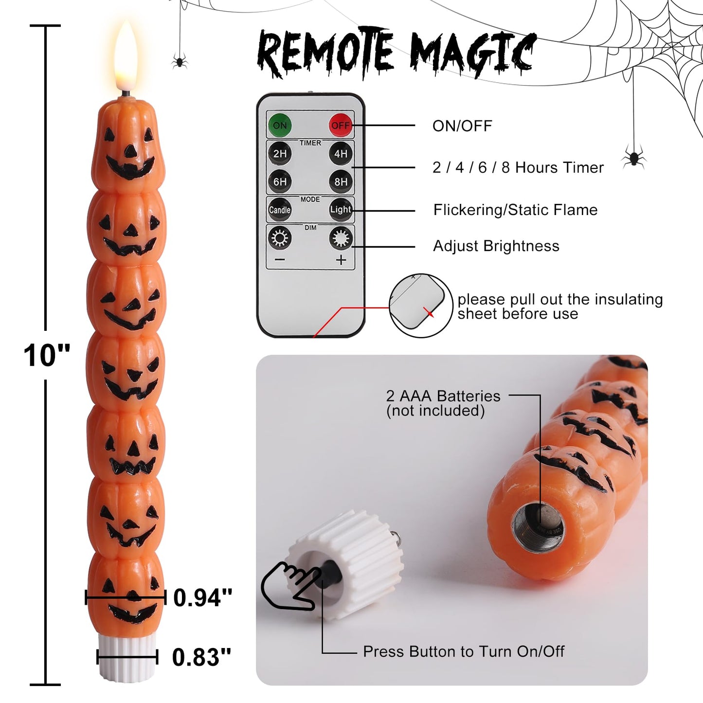 Eywamage Halloween Flameless Taper Candles with Remote, Orange Pumpkin LED Candlesticks Battery Operated Flickering Real Wax Set of 2