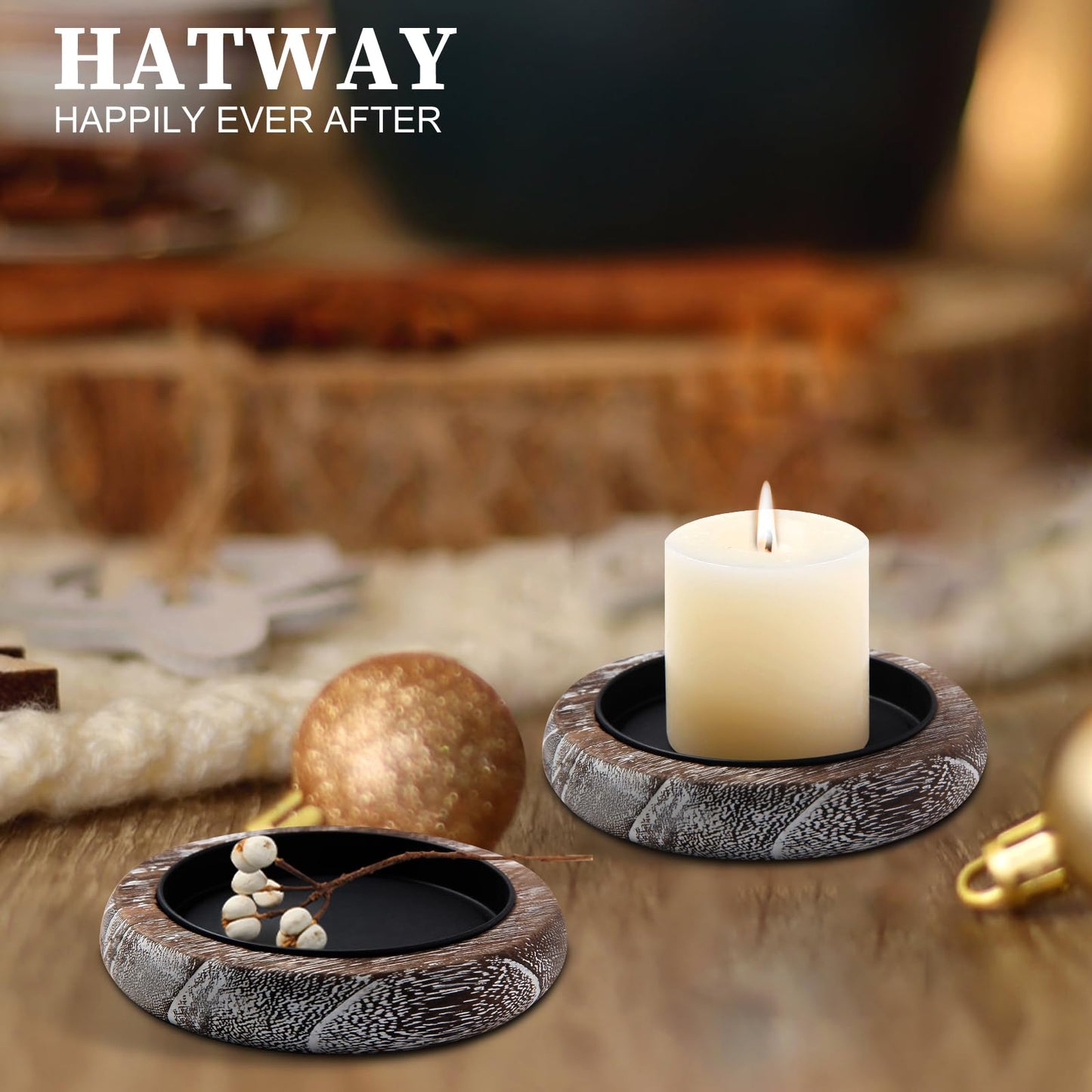 Hatway Wood Candle Holder Farmhouse Decor Wooden Pillar Candles Tray for Table Centerpiece Small Decorative Tray Riser Round Wooden Plate Pedestal Stand for Coffee Table for Christmas Decor-Bai-2