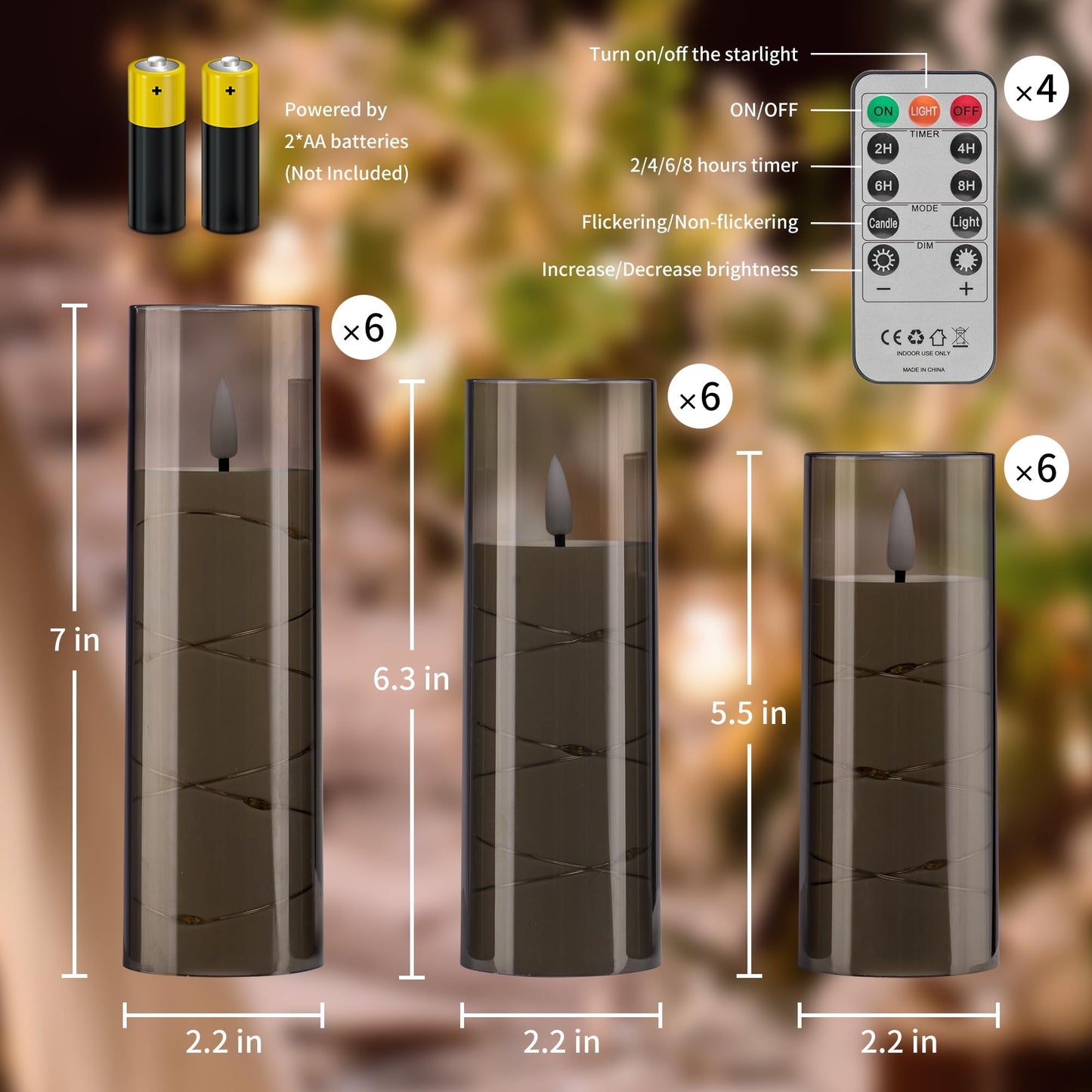 Pandaing 18 Pack Flameless Battery Operated LED Candles with Remote and Timer, Flickering Candles with Embedded Star String for Romantic Ambiance and Home Decoration, Stable Acrylic Shell (Grey)