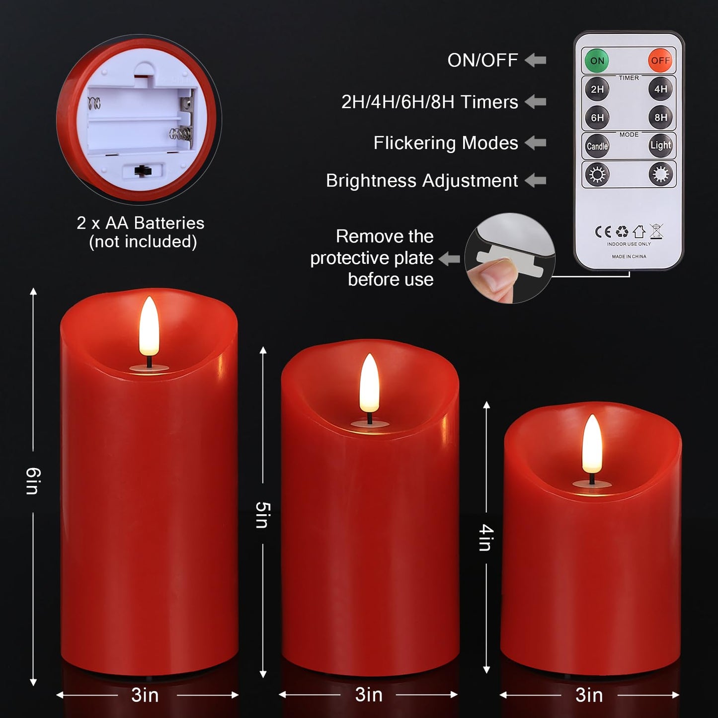 Battery Operated Candles, Real Wax Red LED Candle Flickering Flameless Candles with Remote, 3D Wick Fake Candles for Christmas, Thanksgiving, Home Decor, Party, Gifts, Set of 3, D3"x H4"/5"/6"