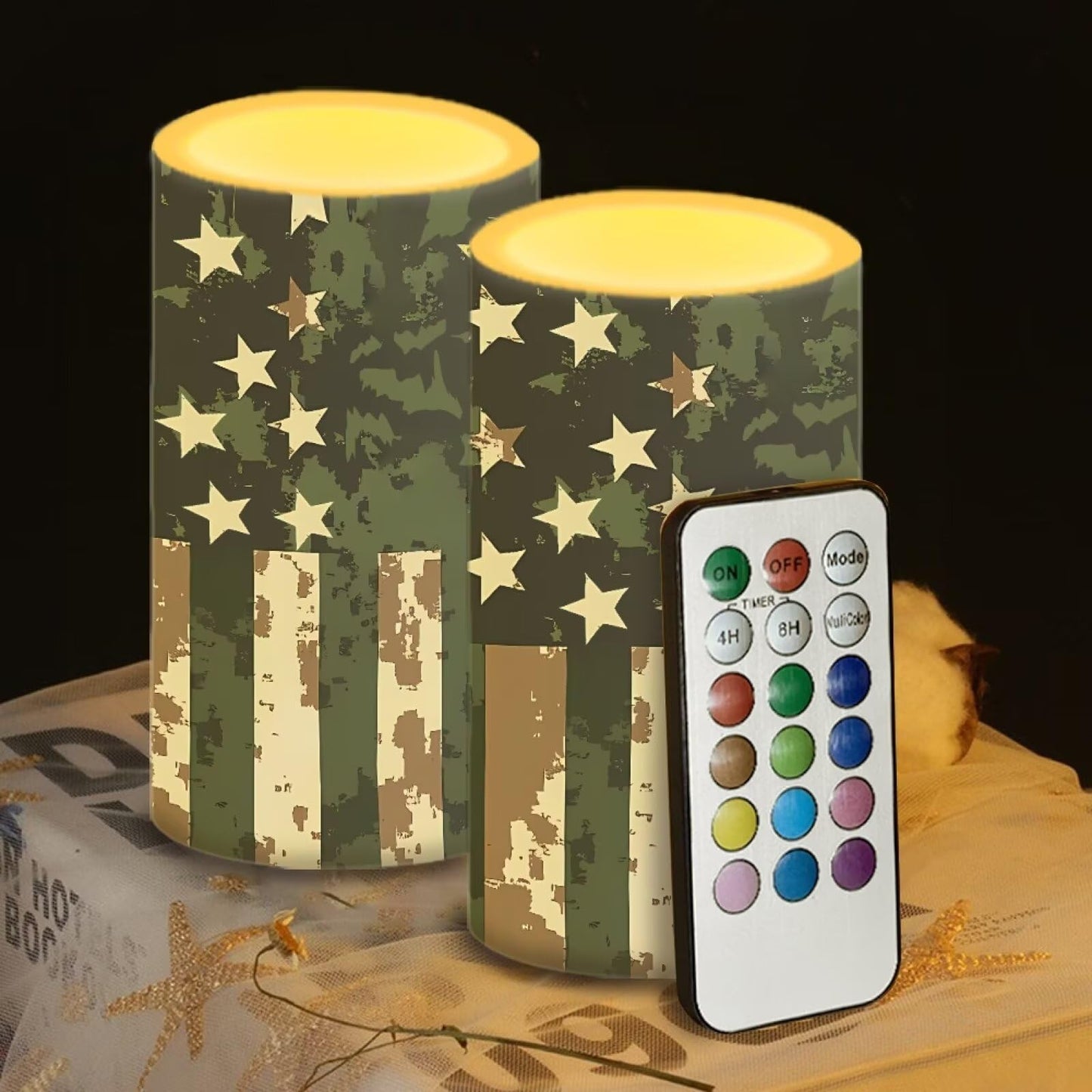 Luarisgur Flameless Candles LED American Flag Decorative Candles Battery Operated Ornage Flickering Candles with 18-Key Remote Timer Pillar for Home Living Room Party Table Decorations