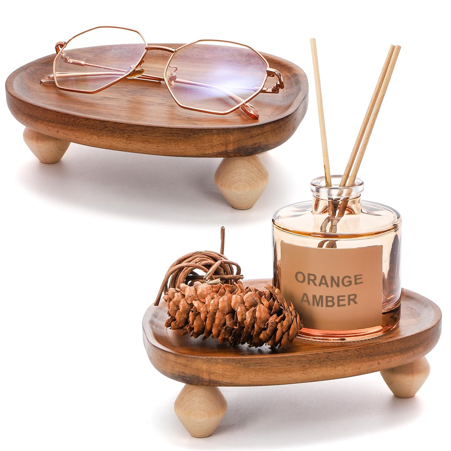 Dicunoy 2 Pack Acacia Wood Riser for Decor, 6" Small Wood Pedestal Display Stands for Kitchen Counter, Rustic Wooden Tray for Bathroom Counter, Tabletop Centerpieces, Entry Table, Farmhouse Decor