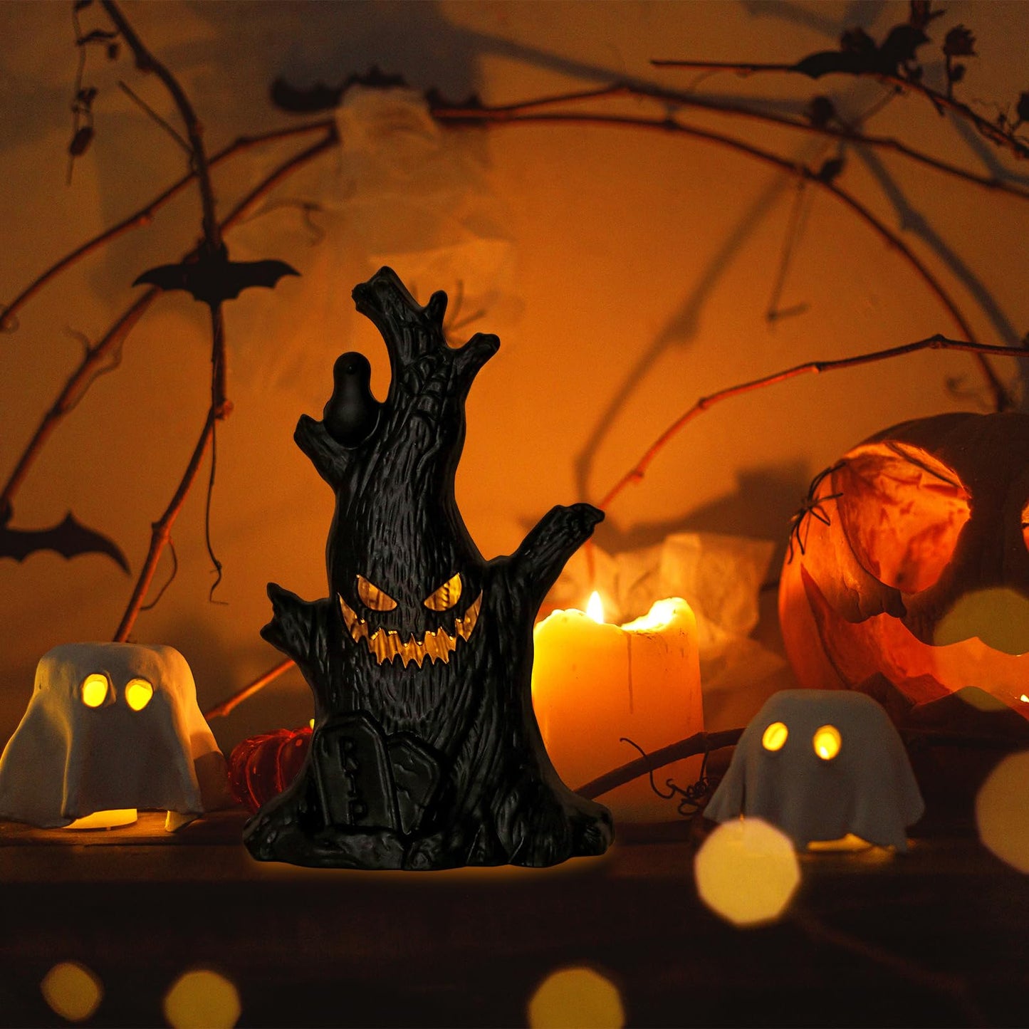 Halloween Lanterns Decoration 6.3" Height Retro Hanging Lamp Halloween Dead Tree Flameless Candle Holder Day of The Dead Lantern Gift for Home Tabletop Trick or Treat Party Supplies