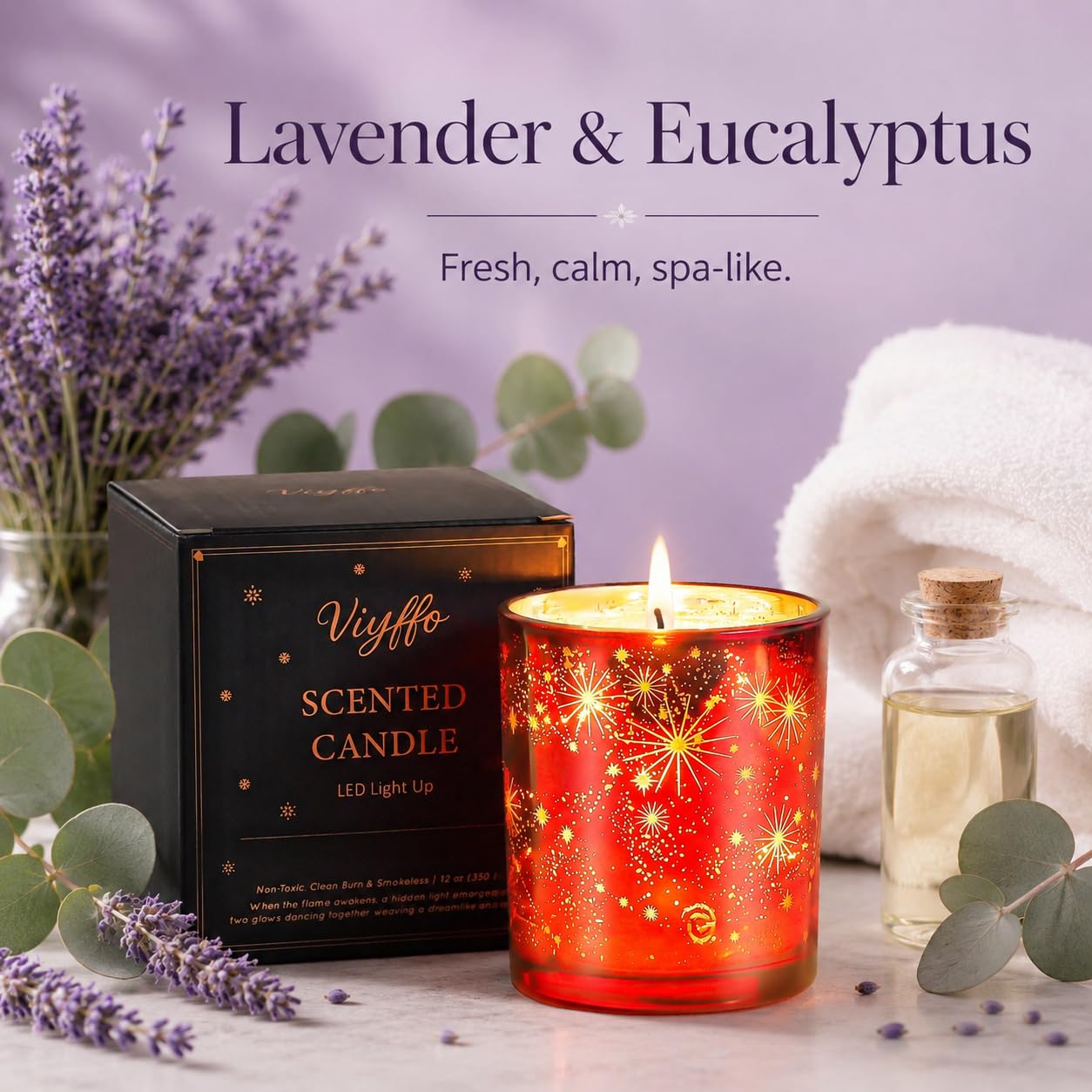 Viyffo 12oz LED Light Up Scented Candle, Lavender & Eucalyptus Soy Candle, Decorative Red Glass Jar Candle, Non Toxic Home Fragrance Candle, Gift for Women, Bedroom, Bathroom & Living Room