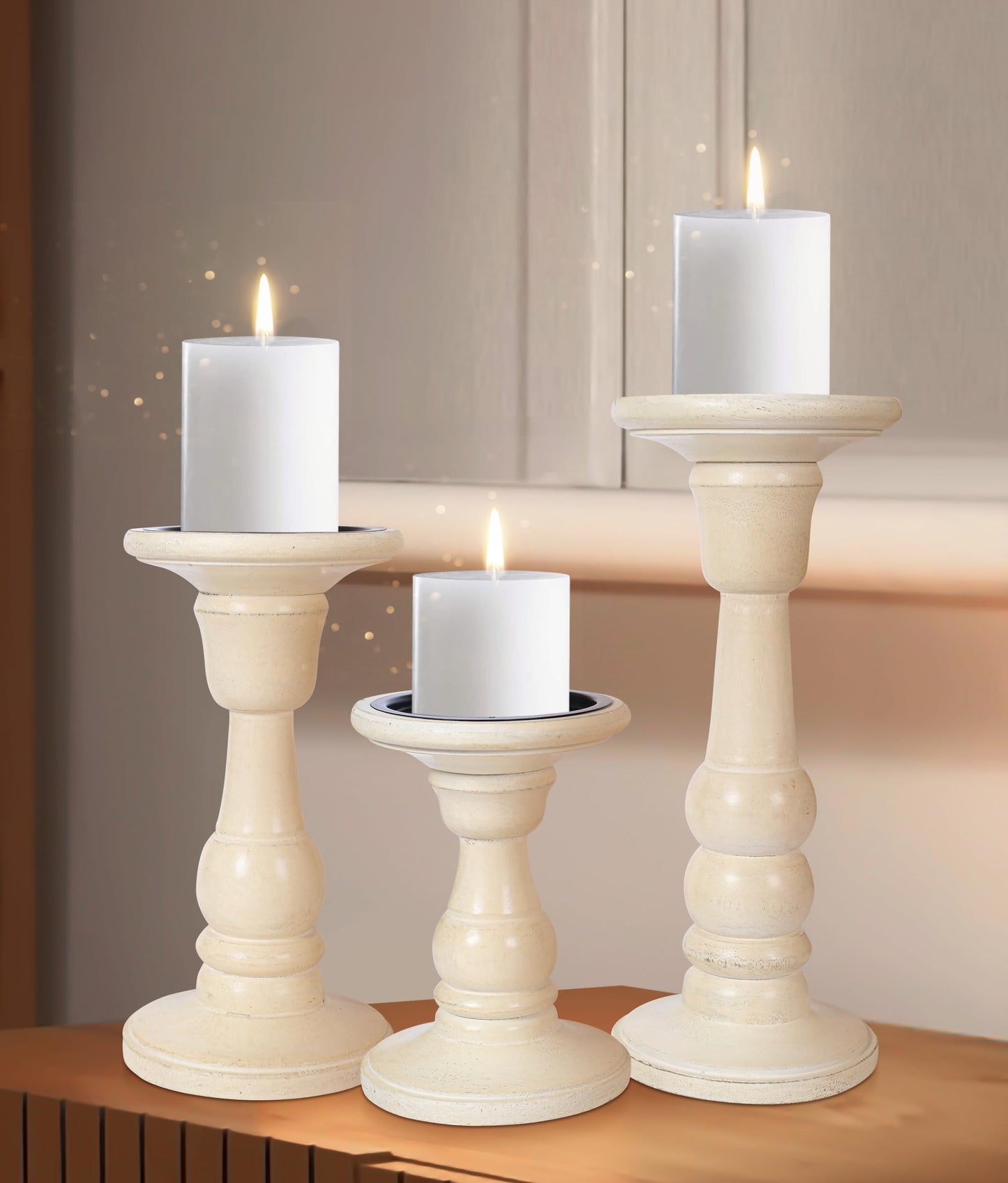 Woodify Wooden Candle Holder Set of 3, Handcrafted Mango Wood Pillar Candle Stands 10", 8", 6", White Antique Candle Holders for Home Décor, Living Room, Dining Table.