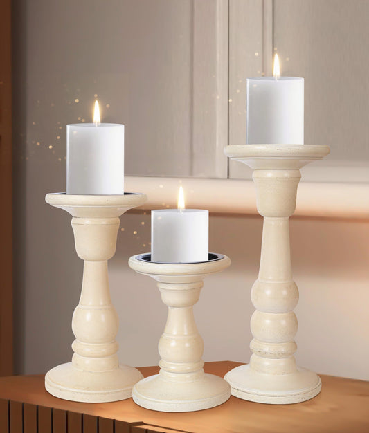Woodify Wooden Candle Holder Set of 3, Handcrafted Mango Wood Pillar Candle Stands 10", 8", 6", White Antique Candle Holders for Home Décor, Living Room, Dining Table.