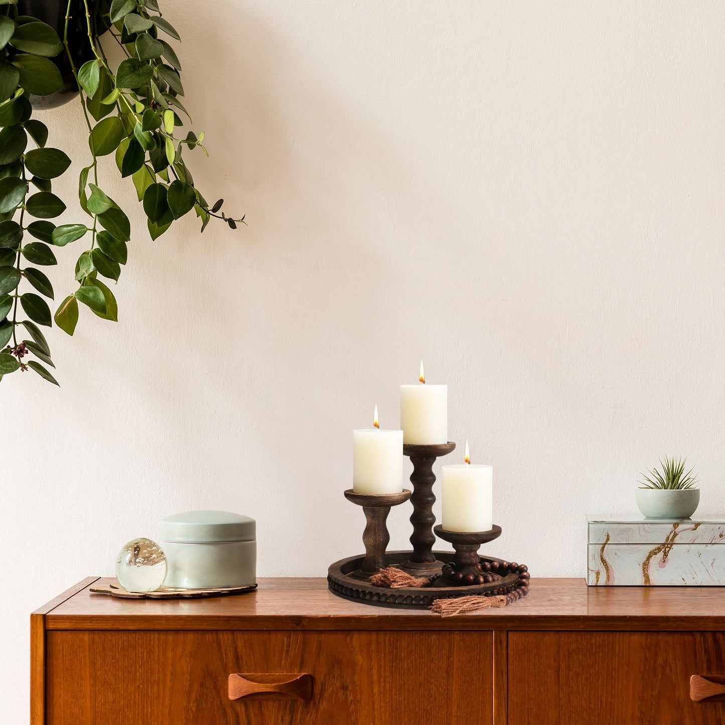 Reallnaive 8 Pcs Farmhouse Wood Candle Holders with Pillar Candles Set Wooden Rustic Candle Holders Round Decorative Serving Tray Bead Garland with Natural Wood Tassels for Table Centerpiece (Brown)