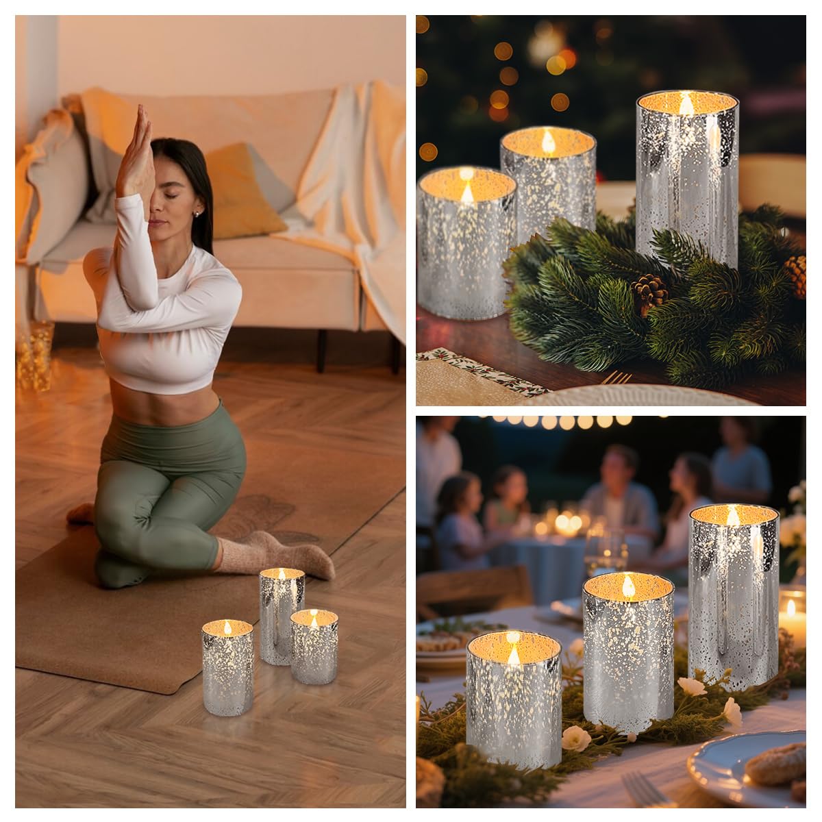 LEDHOLYT Rechargeable Flameless Candle, Flickering LED Pillar Glass Fake Candle with Remote and Timer, Built-in Battery Real Wax Electronic Candle for Room Decoration, Set of 3