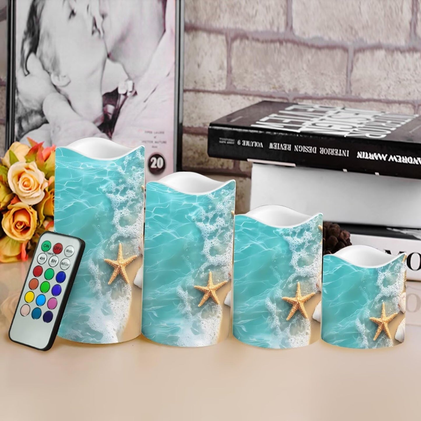 Cozeyat Beach Wave Flameless Candles Set of 4 Battery Powered LED with Remote Timer Flickering for Home Garden Table Beach Decoration