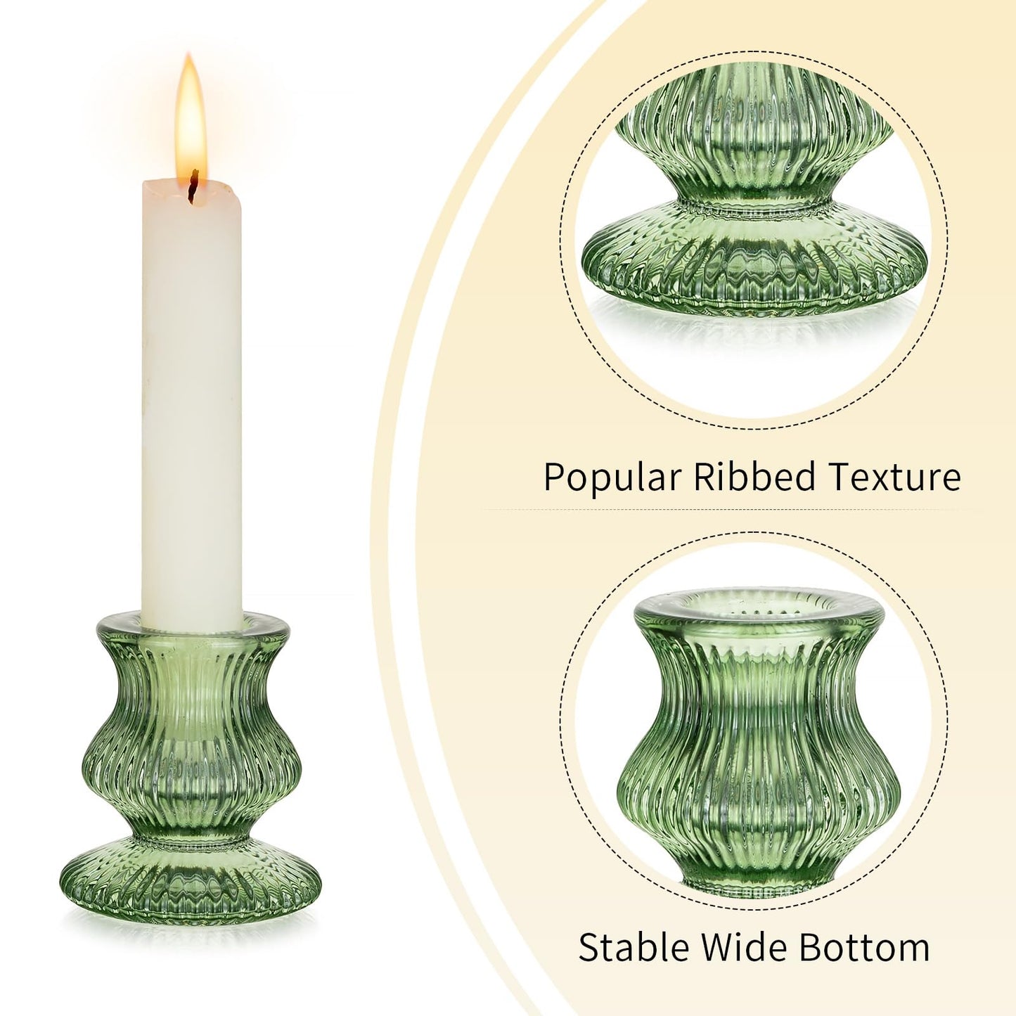 Romadedi Glass Candle Holders for Candlestick - 2 Pcs Green Ribbed Tapered Candle Holder Decor for Table Centerpiece Christmas Party Living Room Dinner Advent