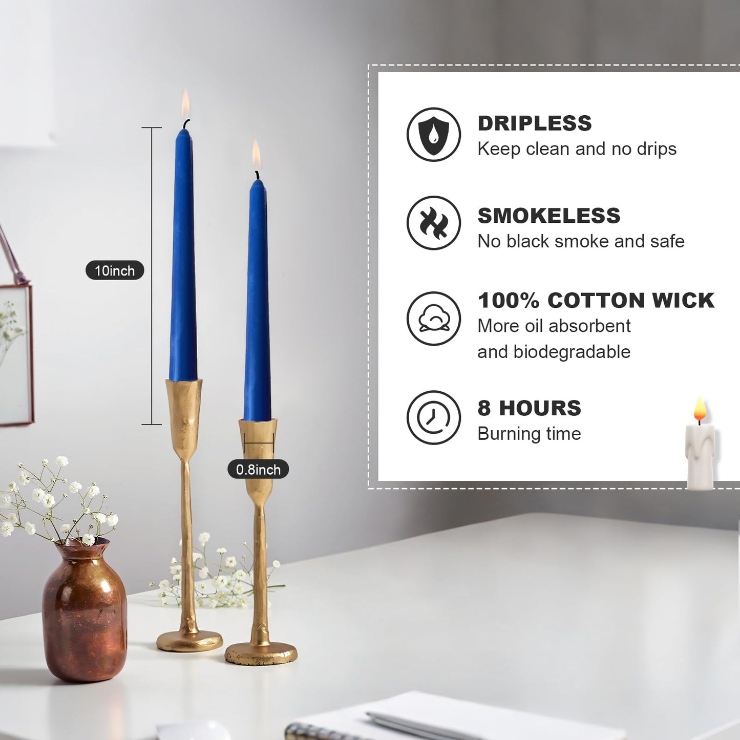 Ksefey 10 Inch Blue Taper Candles Set of 6 - Dripless,Unscented,8 Hours Burn Time-Perfect for Wedding,Dinner,Party and Home Decor