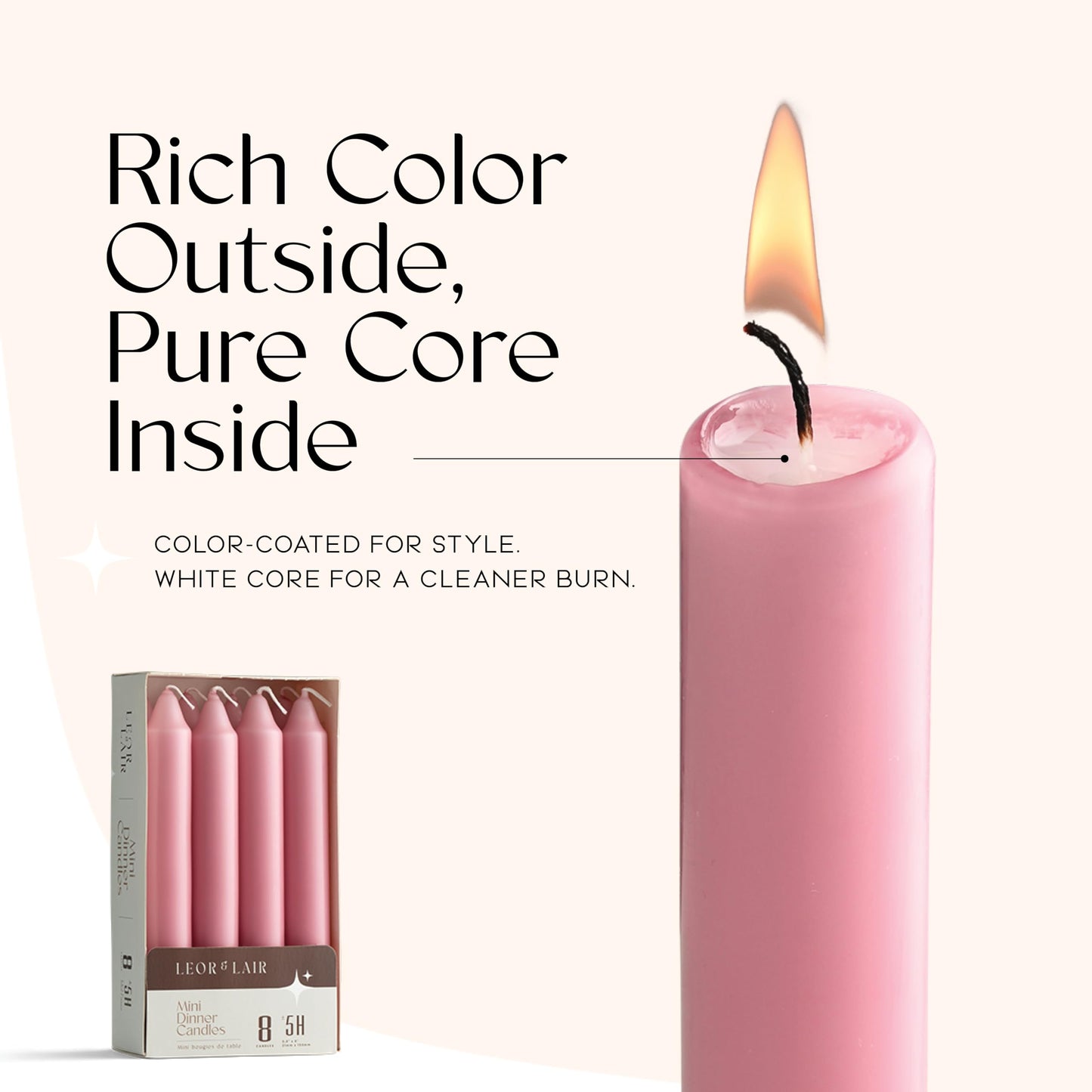 Leor & Lair Light Pink Candlesticks – Pack of 8 Short Taper Candles with Cotton Wick – 5 Hour Burn Light Pink Candles for Weddings, Valentine’s Day & Romantic Décor