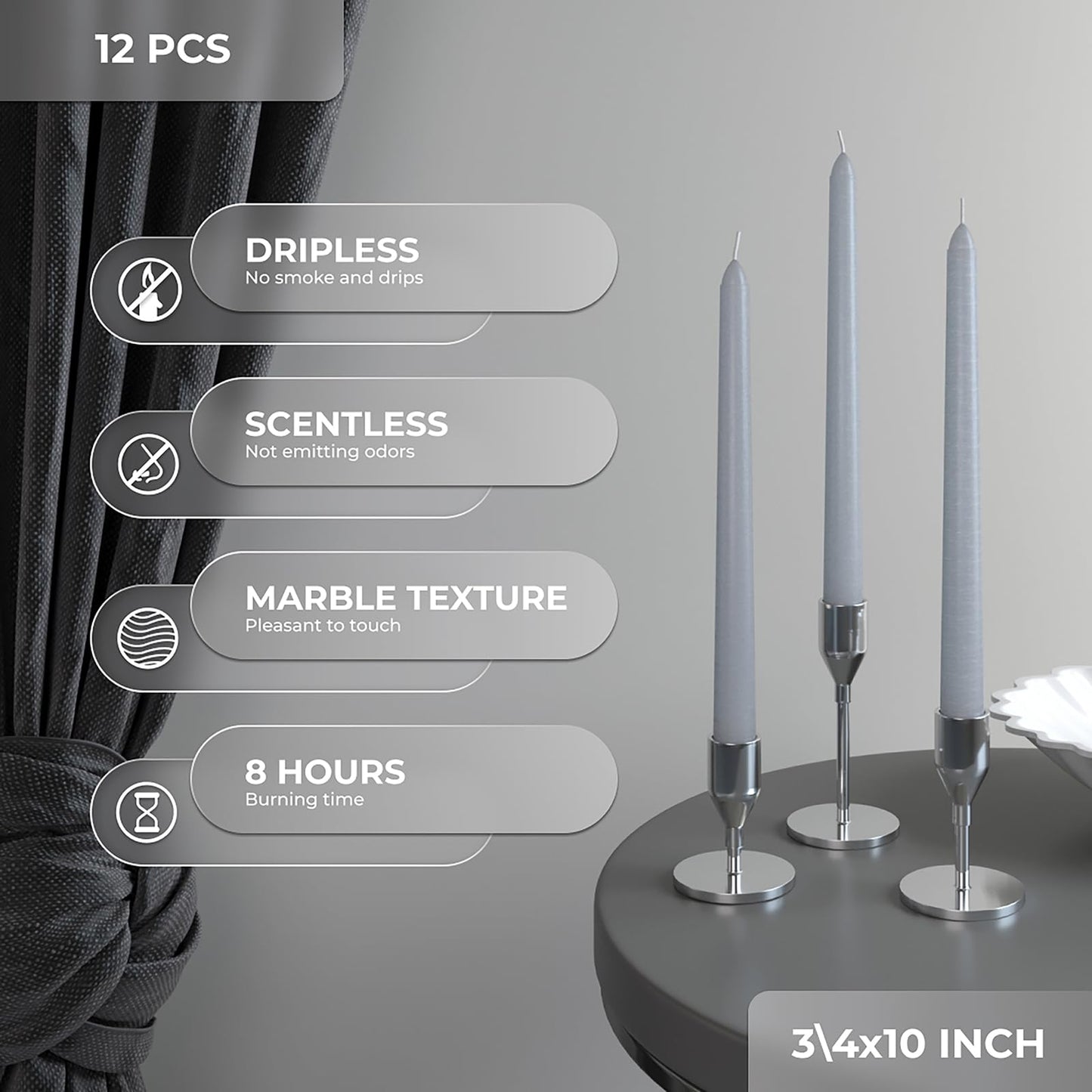 Candwax 10 inch Tapered Candles Set of 12 - Dripless and Unscented Candlesticks - Perfect as Dinner and Household - Light Gray