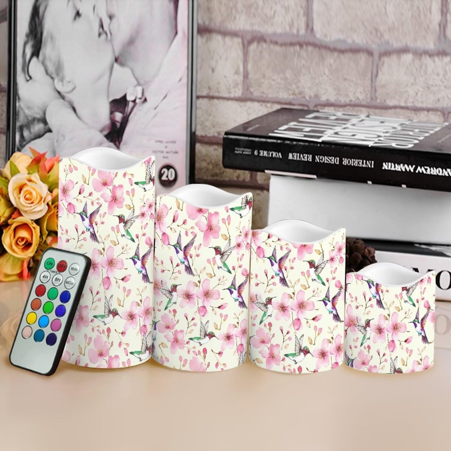 Cozeyat Hummingbird Flameless LED Candles Set of 4 Battery Operated with Remote Control Timer Flickering Color Changing Waterproof Pillar Candles for Home Wedding
