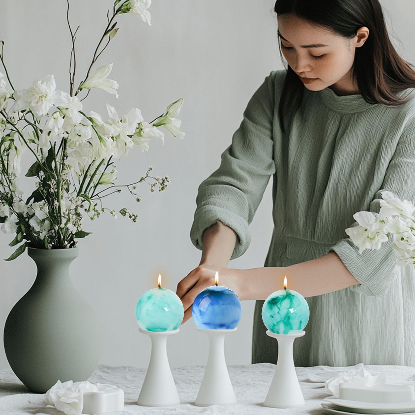 MAITREYA Tie dye Rustic Round Pillar Candles-Unscented Decoration Candles Set of 3-Clean Burning Drisspless Dinner Candles of Home Decor Party(Teal)