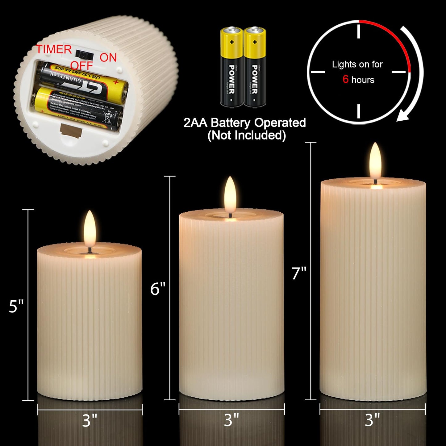 Eldnacele Vertical Stripe Pillar Flameless Candles with 6 Hours Timer, Battery Operated 3D Wick Flickering Warm Lights Real Wax Gray LED Candles Dinner Indoor Holiday Christmas Decor(3Pcs,3"×5"/6"/7")