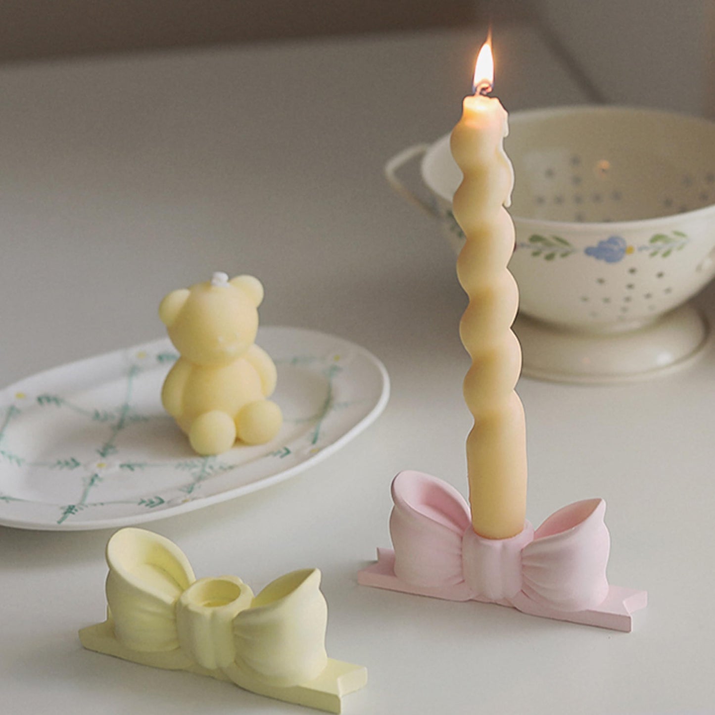Candle Holder Set of 2, Yellow Bow Candlestick Holders Fit 0.59 Inch Candles, Gypsum Candelabra Decorative Candle Stand Centerpiece for Table Wedding Dinning Party
