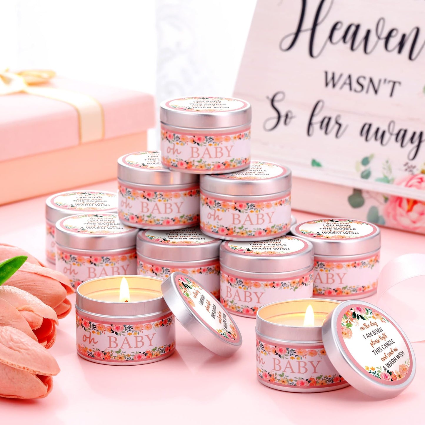 Funtery 12 Pcs Baby Shower Party Favors for Guests Baby Shower Candles Lavender Scented Candle Rustic Tealights Candles Gender Reveal Return Gifts(Floral)