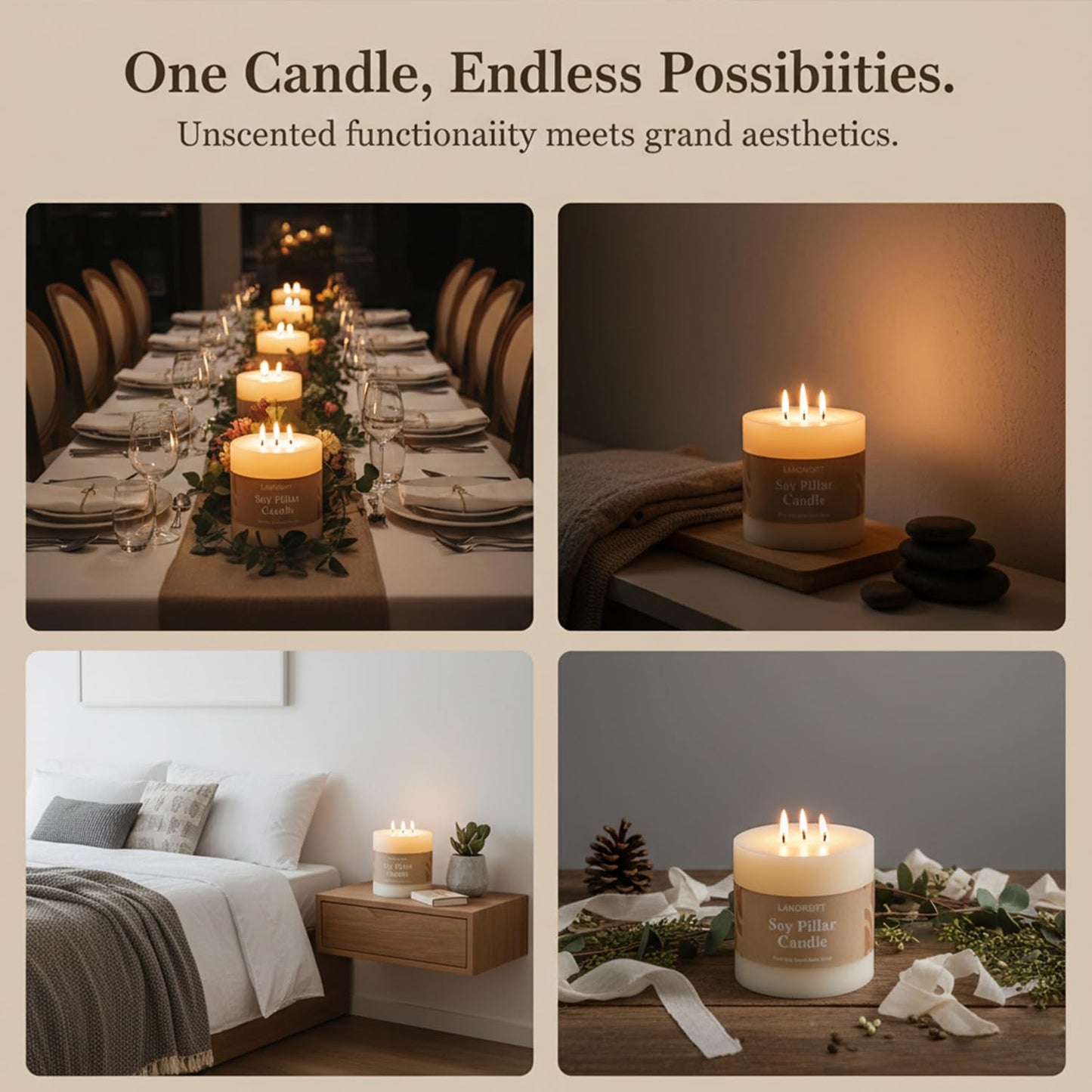 LAMORGIFT 3 Wick Soy Pillar Candle - 6x6” Extra Large Unscented White Pillar Candle, Hand-Poured Soy Wax Candle with Frosted Finish, Long Lasting Large Centerpiece Candle for Home Decor & Weddings