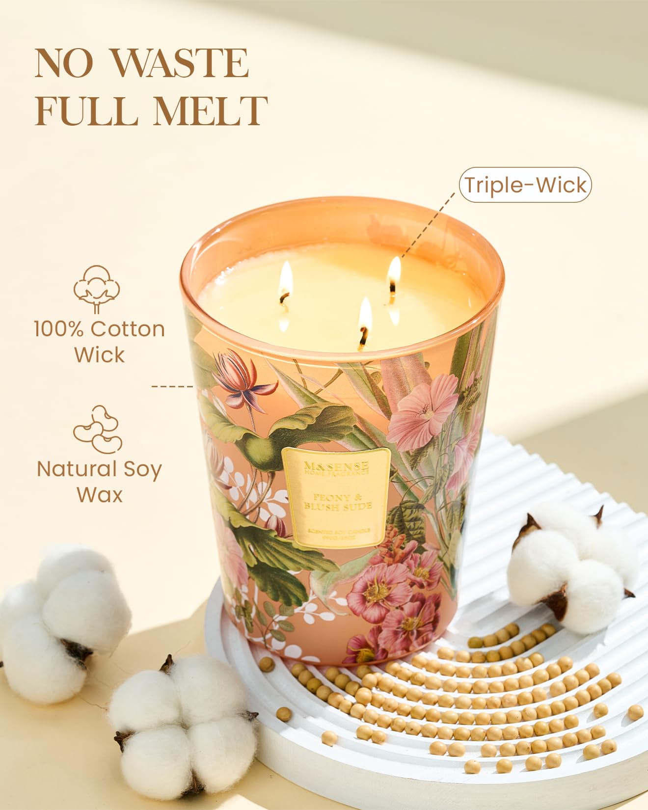M&SENSE Peony Blush Suede Soy Candle, 35oz 3 Wick 150H Non Toxic Long Lasting, Summer Floral Bedroom Scent, Gift for Women