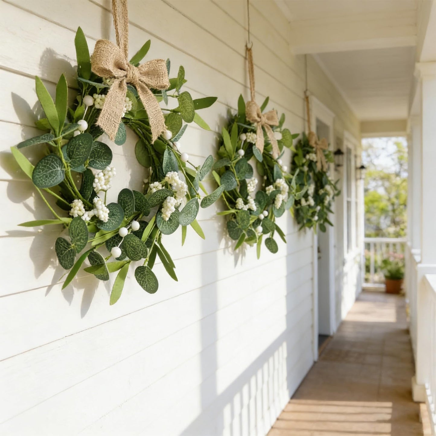 4 Pcs Green Artificial Eucalyptus Candle Rings Wreaths Mini Green Kitchen Cabinet Wreath Table Centerpieces Spring Summer with White Berry for Pillars Farmhouse Porch Front Door Wedding Decor