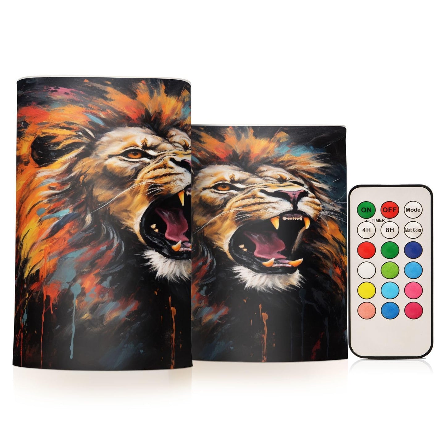 Lights Flameless Candles Painting Roaring Lion Pillar Candles Set of 2 Battery Operated Remote Control Warm Lights Home Decor