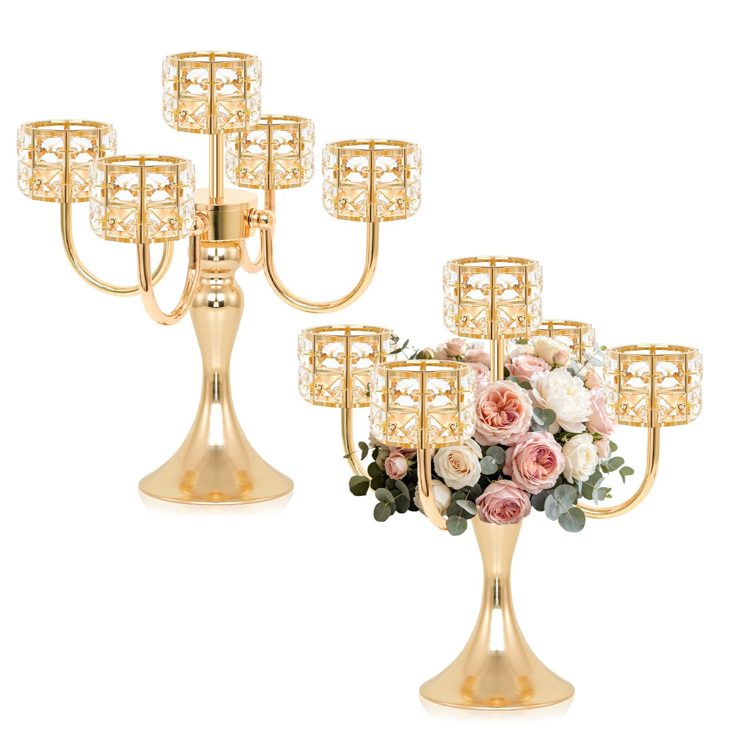 5 Arm Metal Crystal Candelabra Centerpiece - 13.4 Inch Elegant Candle Holder with Crystal Beads for Wedding Party Christmas Home Dining Table Decoration (2, Style-B-Gold)