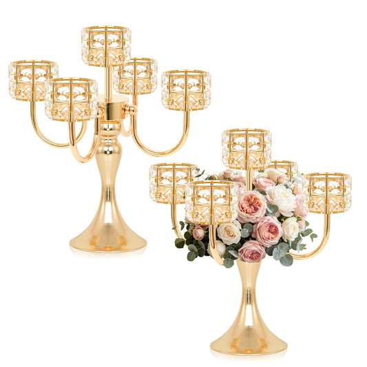 5 Arm Metal Crystal Candelabra Centerpiece - 13.4 Inch Elegant Candle Holder with Crystal Beads for Wedding Party Christmas Home Dining Table Decoration (2, Style-B-Gold)