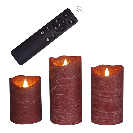 iZAN 3 Pack Real Wax Flameless Candles Battery Operated LED Pillar Flickering Realistic Electric Candle Gift Sets with Remote Control and Cycling 24 Hours Timer 3”D X 4" 5" 6" H (Burgundy)