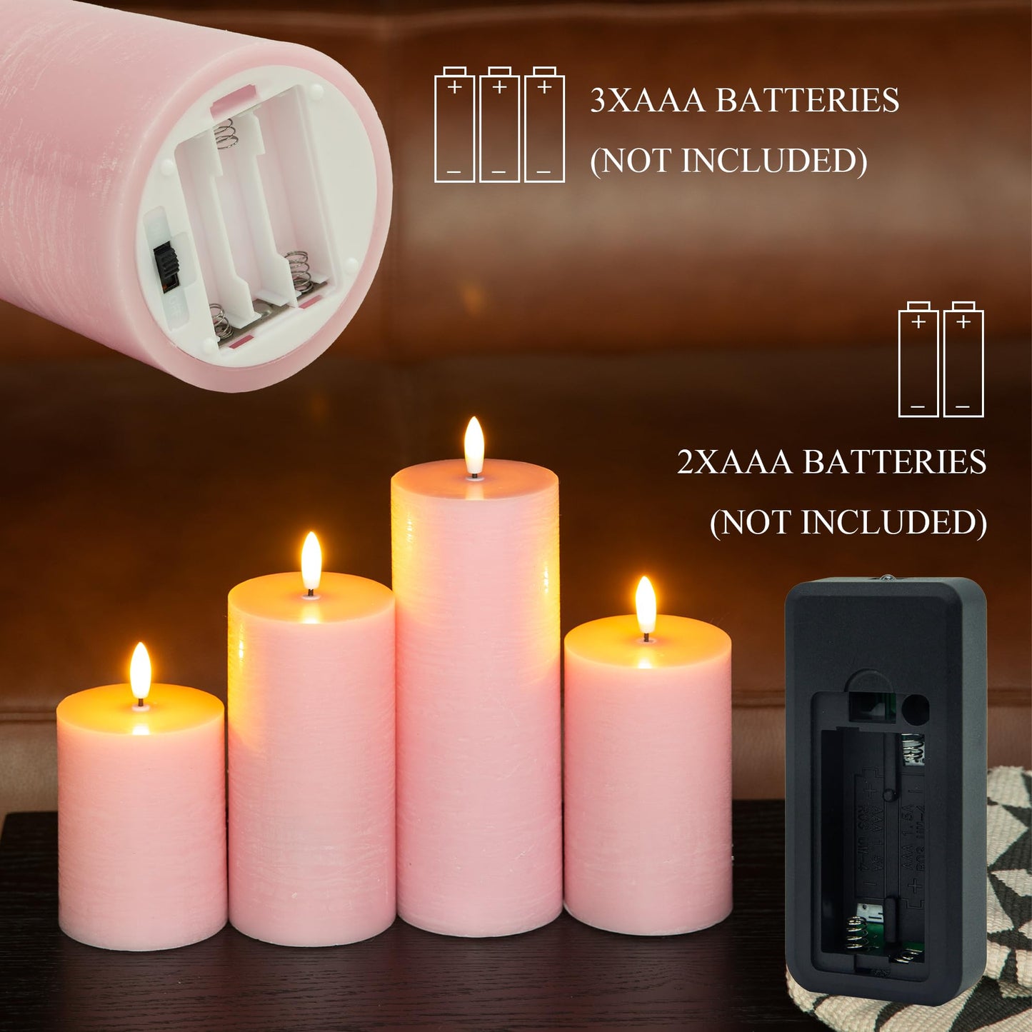 LUSHARBOR Flameless Candles, 4 Pack Battery Operated Candles with Remote, Real Wax LED Fake Candles with Timer Flickering for Christmas Wedding Home Party D3 H 5" 6" 7" 9" Pink