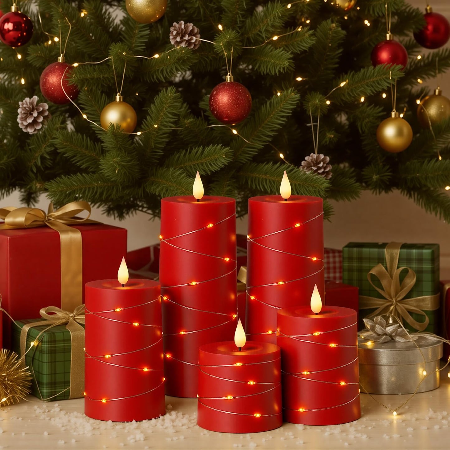Raycare Independence Day Flameless Candles with Remote Timer, Flickering Battery Operated LED Pillar Fake Candle with String Lights for 4th of July Patriotic Home Decor, Wedding Gift, Red, Set of 5