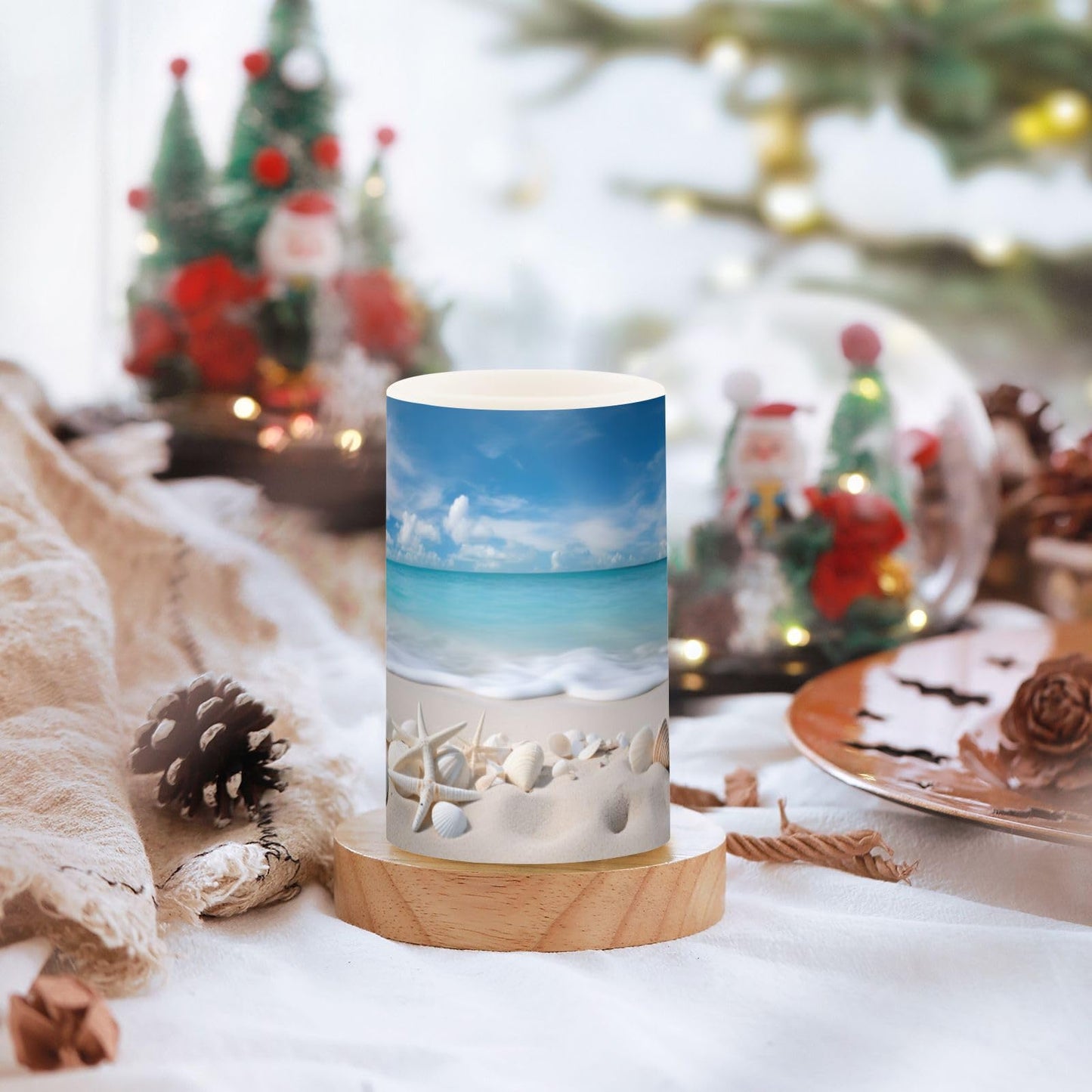 BOENLE Flickering Flameless Candles, Starfishes Seashells Beach Blue Sky LED Candles with Remote Timer, Set of 2 Battery Operated Candle for Valentine Wedding Birthday