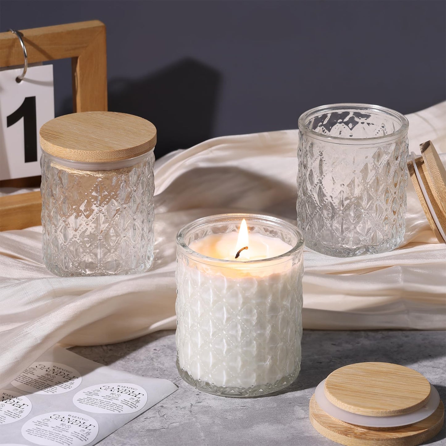 NITIME 15pcs 7.5oz Candle jars for Making Candles, Clear Glass Candle Vessels With Bamboo Lids and Sticky Labels, Containers and Candle Making Supplies