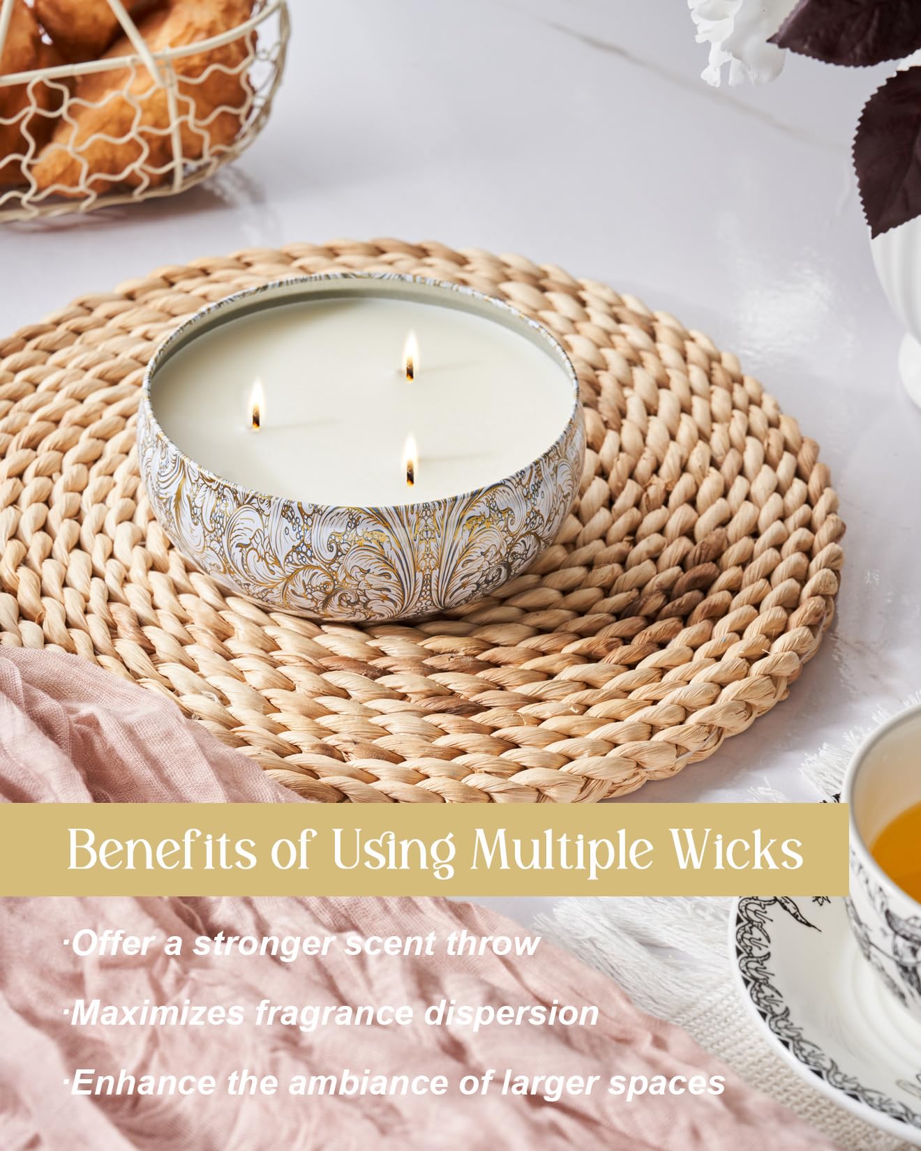M&SENSE White Tea Scented Candles 12 oz, Large 3 Wick Soy Tin Candle, Over 40 Hour Burning Time, 100% Natural Vegan Wax, Relaxing Aromatherapy Aesthetic Candle Gift for Women Men