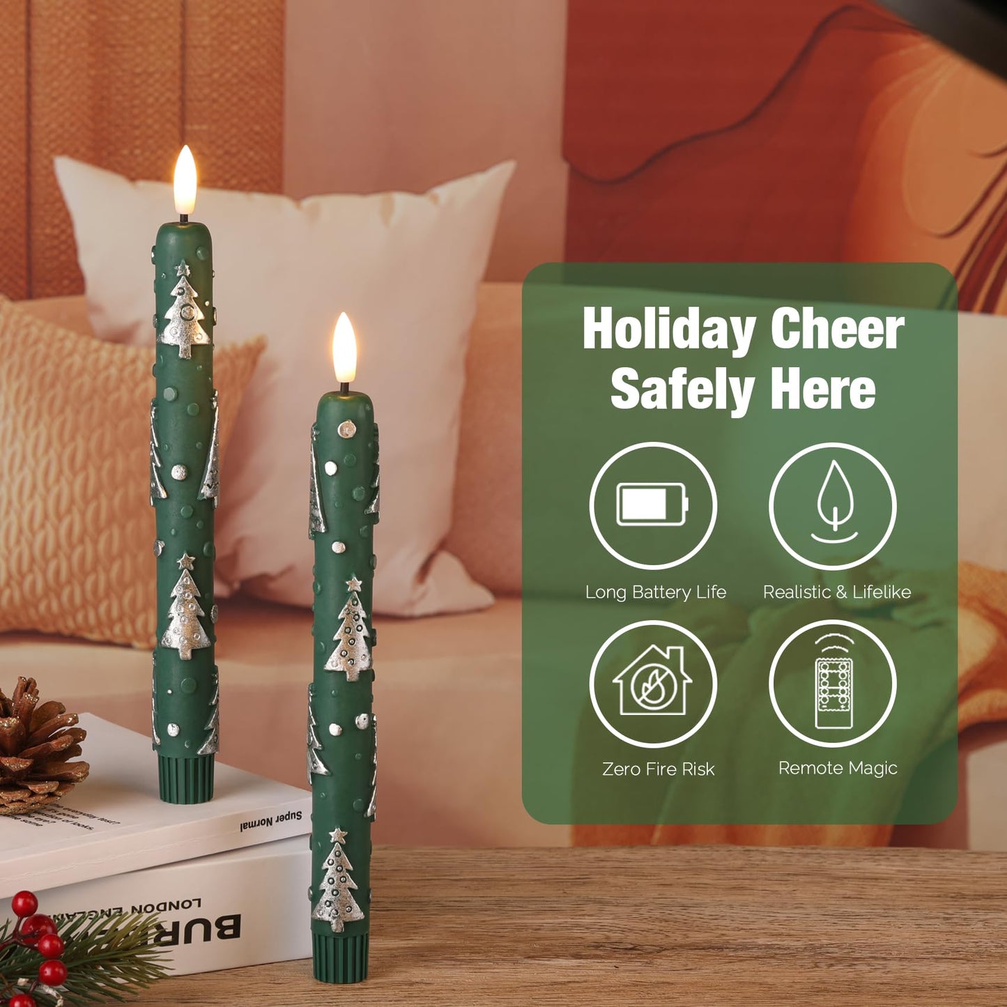 Eywamage Green Christmas Tree Flameless Taper Candles with Remote, Flickering LED Wax Candlesticks Set of 4