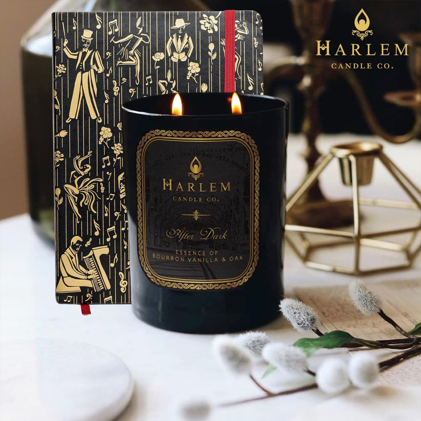 HARLEM CANDLE CO. Luxury Gift Set – After Dark Scented Soy Candle (11 oz) & Black/Gold Vegan Leather Journal (300 Pages) – Elegant Home & Writing Gift Bundle