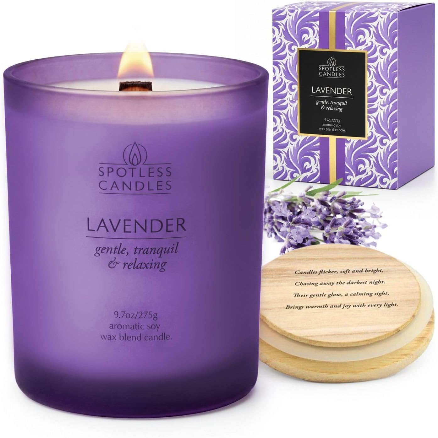 Lavender Candle; 9.7 oz:, 55 Hrs Burn Time, Soy Wax Purple Frosted Jar with Crackling Wooden Wick & Luxury Gift Box: Lavender Scented Candle by Spotless Candles