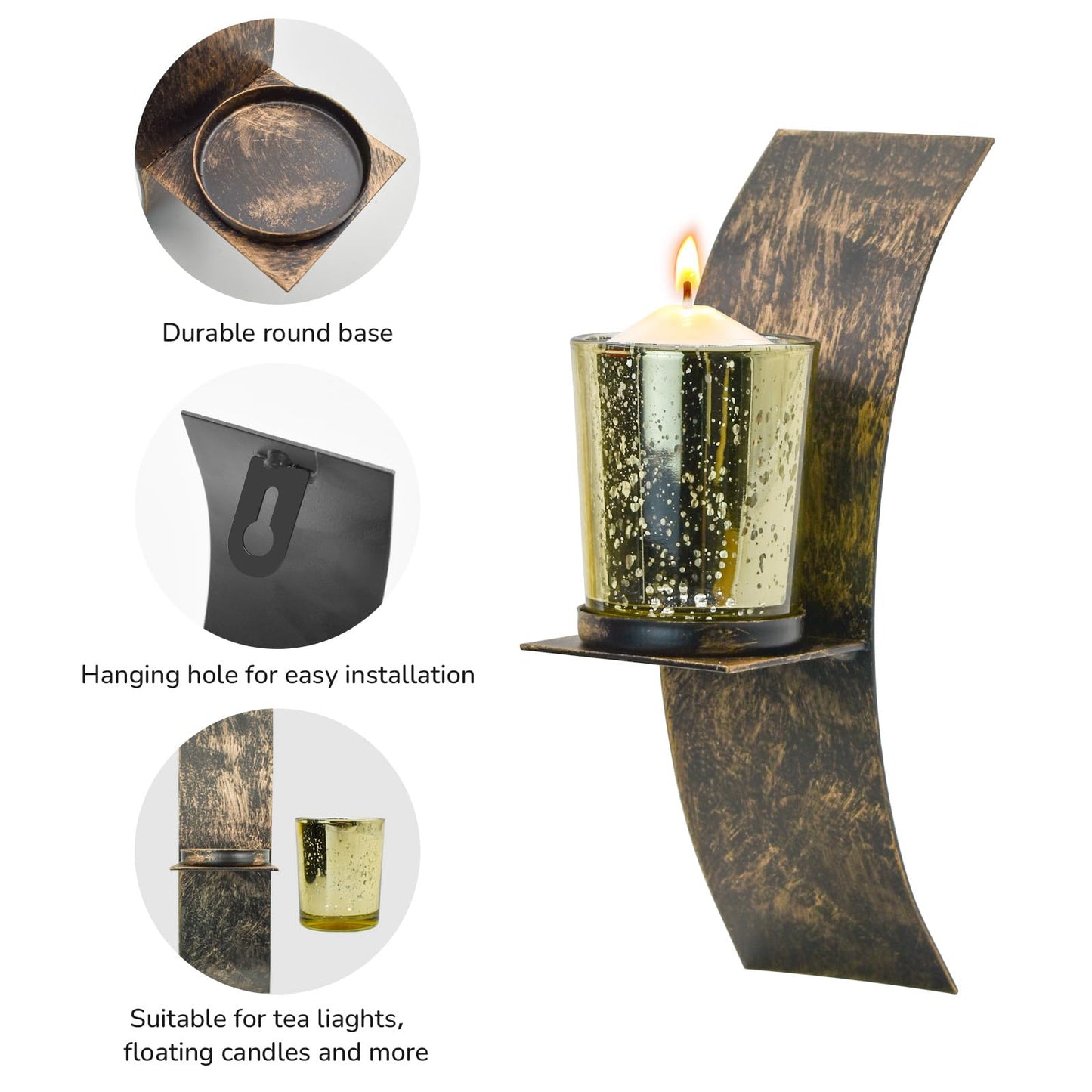 MrMrKura Wall Candle Sconce Set of 2, Decorative Bronze Wall Mounted Candle Sconces, Metal Wall Art for Living Room Bedroom Dining Room Decor (Bronze)