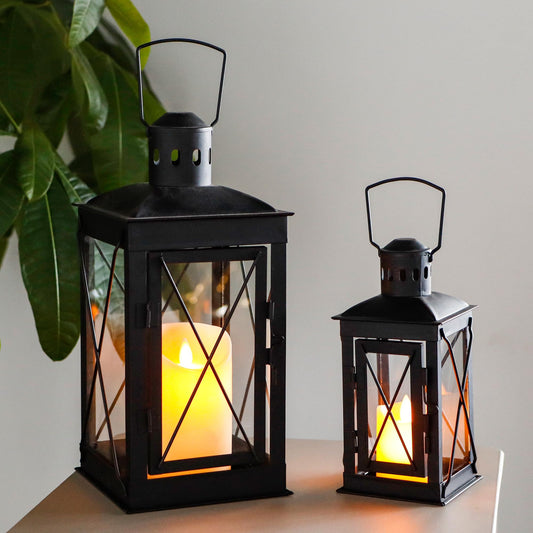 TRIROCKS Set of 2 Decorative Candle Lantern 12'' & 8'' High Metal Candle Holder Hanging Lantern Perfect for Home Decor Patio Living Room Parties Events Tabletop Indoors Outdoors (Black)