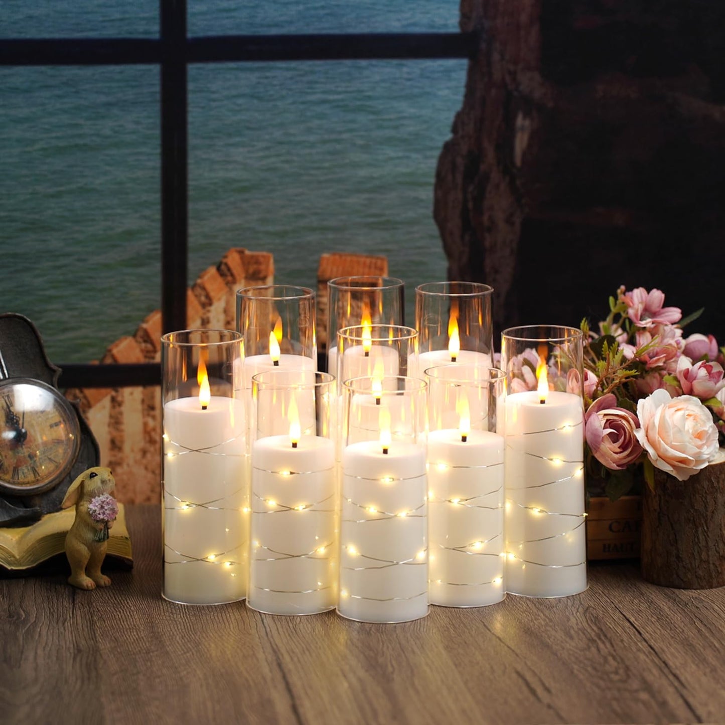 kakoya Flameless LED Candles with Timer 9 Pc Flickering Flameless Candles for Romantic Ambiance and Home Decoration Stable Acrylic Shell,with Embedded Star String，Battery Operated Candles（White）
