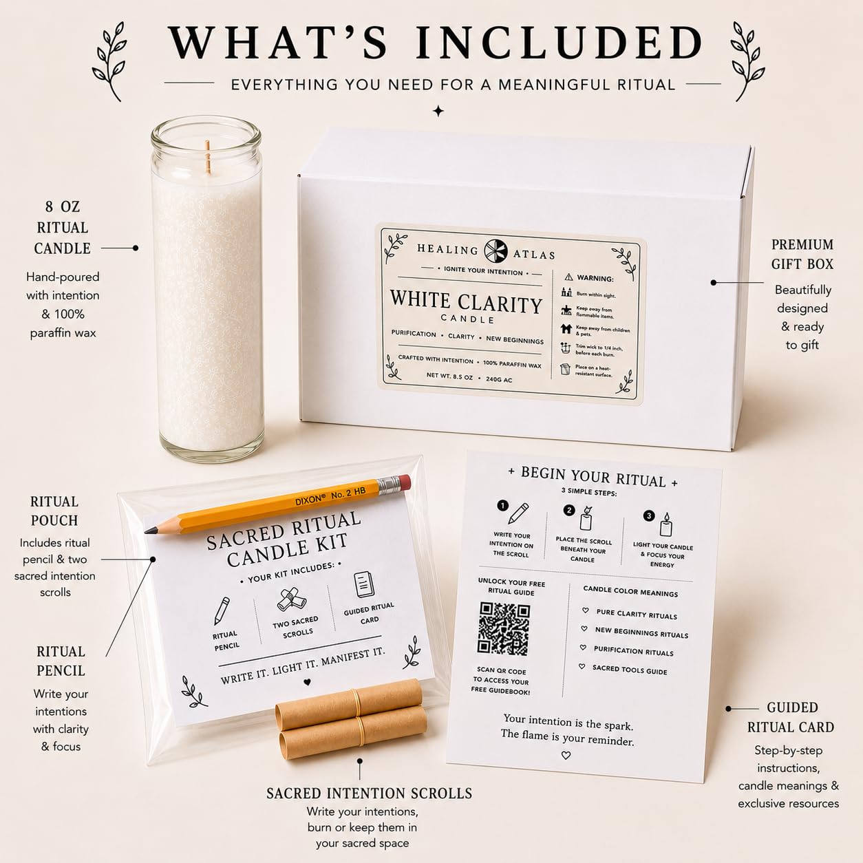 White Clarity Manifestation Candle Kit – 8" Ritual Prayer Candle with Intention Scrolls, Pencil & QR Guide for Clarity, Focus, Spiritual Growth & Mindfulness